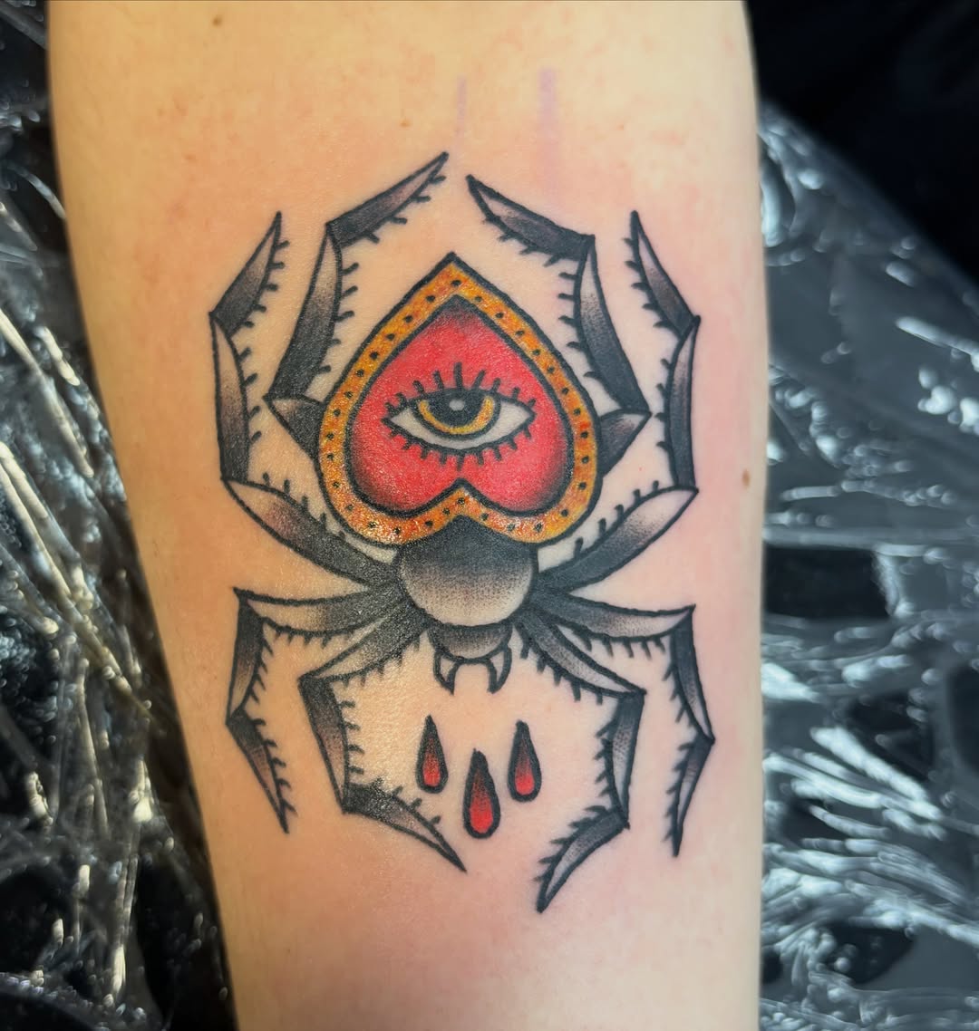 Spider American traditional tattoo on the forearm by Natalie Opal🪻🍎🫖