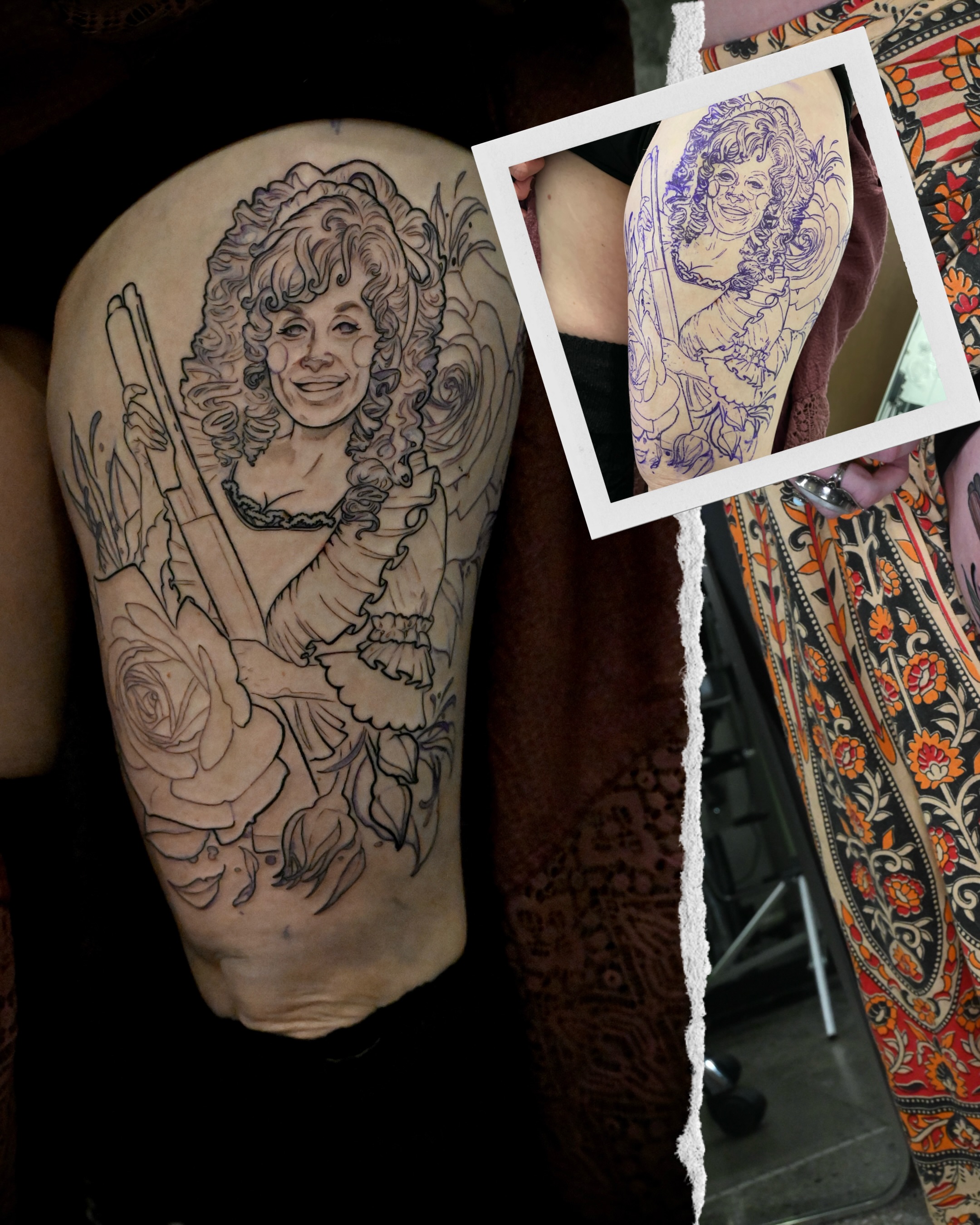 Woman with roses black and grey tattoo on the thigh by Meg Mayhem ๐จ Sarenity Tattoo