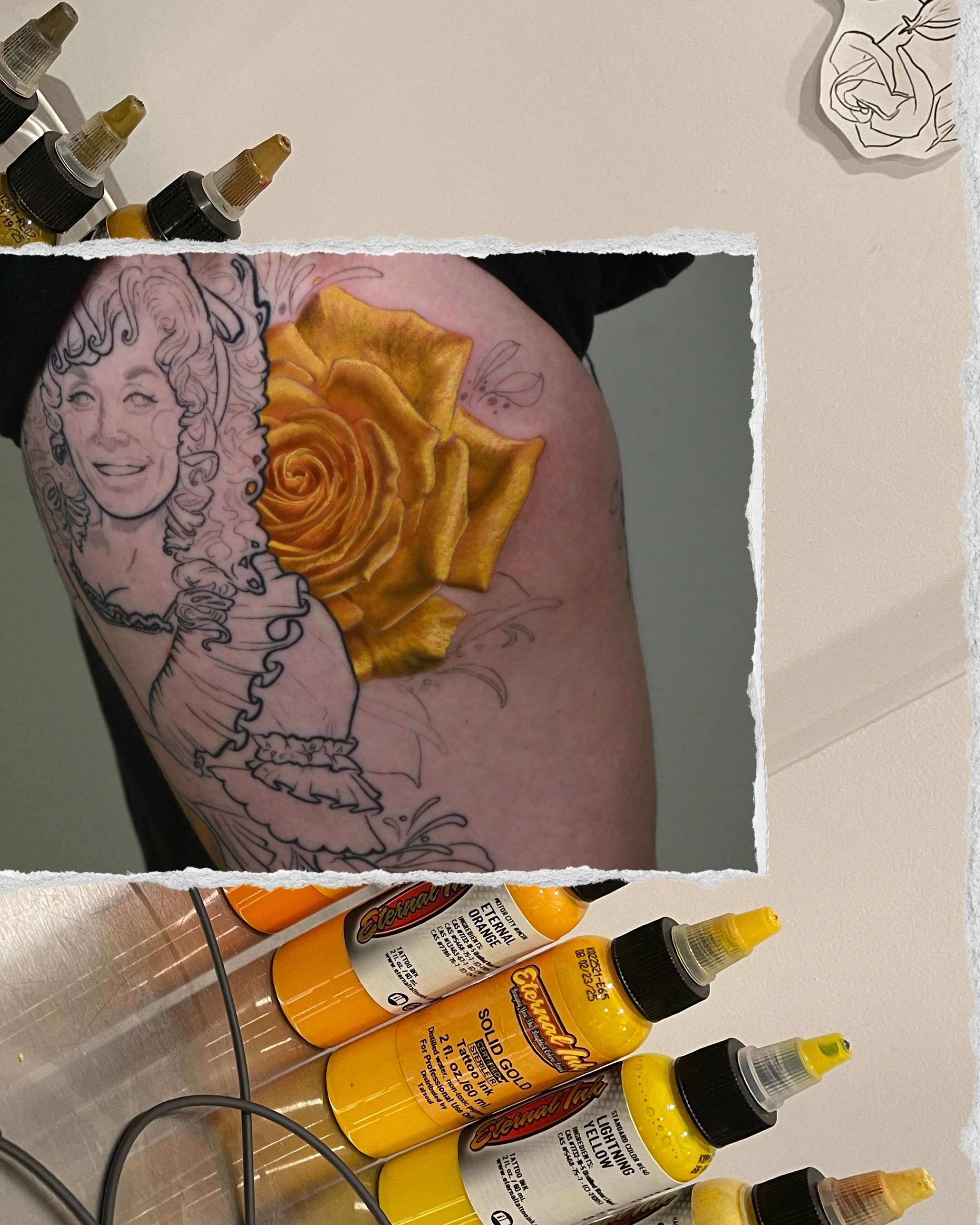 Portrait with rose realism tattoo on the thigh by Meg Mayhem ๐จ Sarenity Tattoo