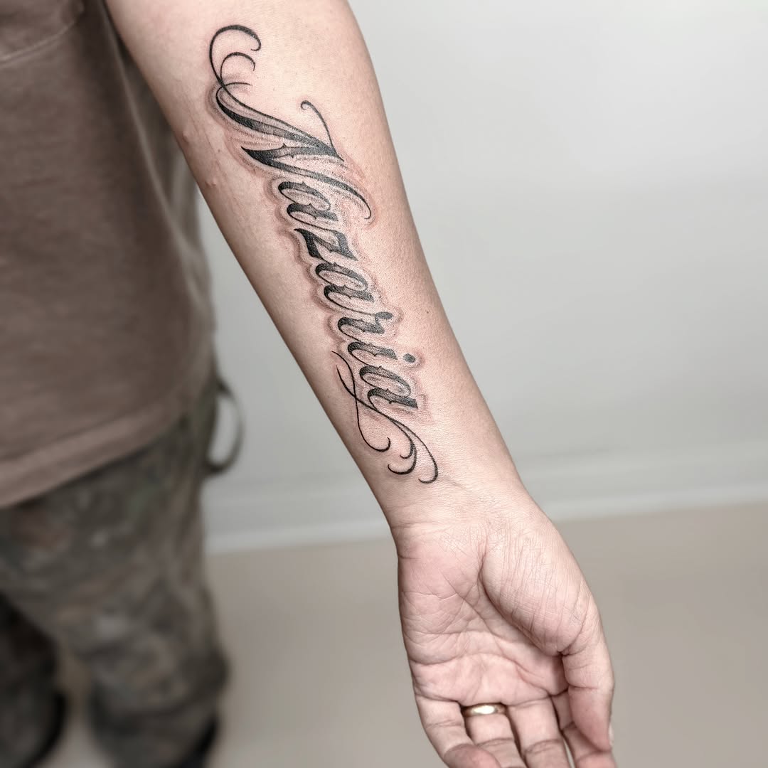 Script lettering lettering script tattoo on the forearm by R o s e