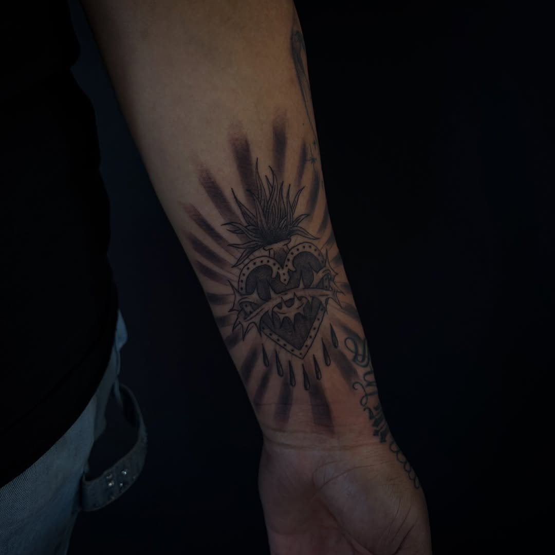 Heart with crown black and grey tattoo on the forearm by Tattoo Artist Lilliann:)