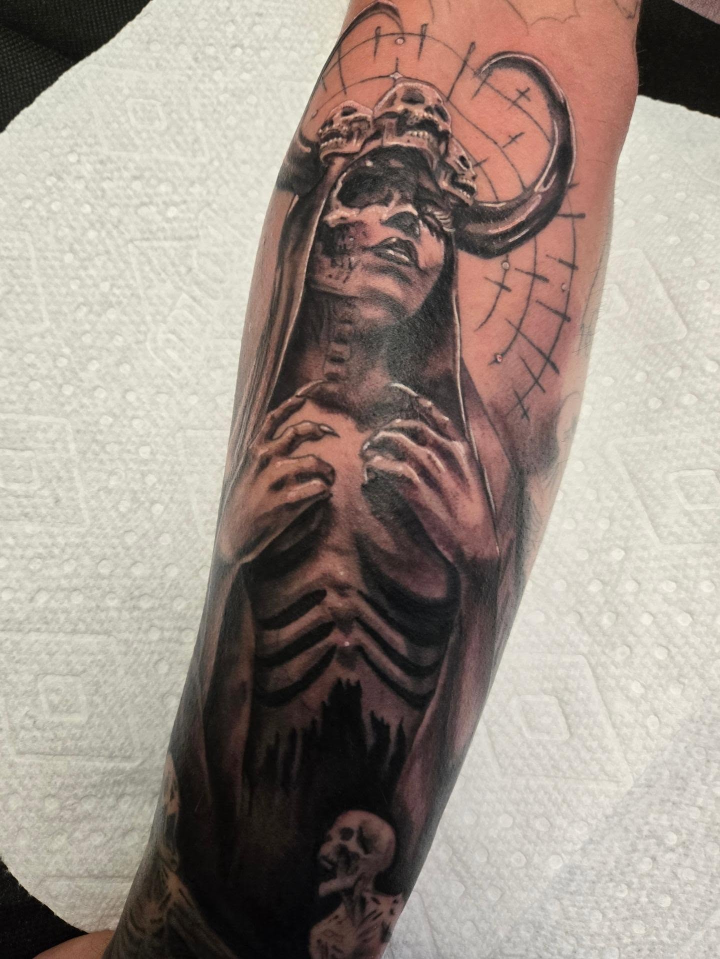 Skeleton with horns dark realism tattoo on the forearm by Irma π€β¨, Las Vegas, Nevada