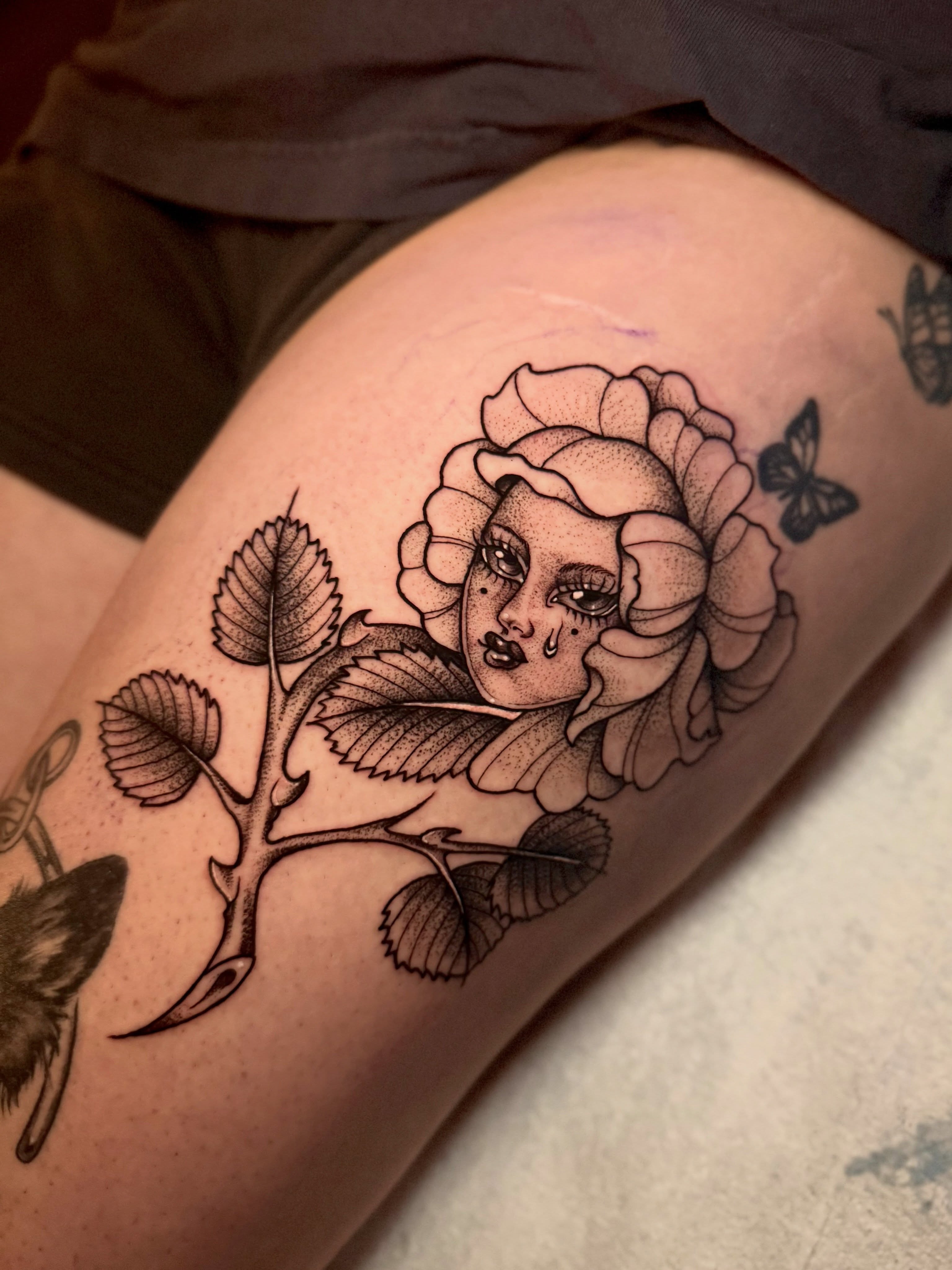 Flower girl dotwork tattoo on the thigh by Abby ✣ fineline and blackwork ✣