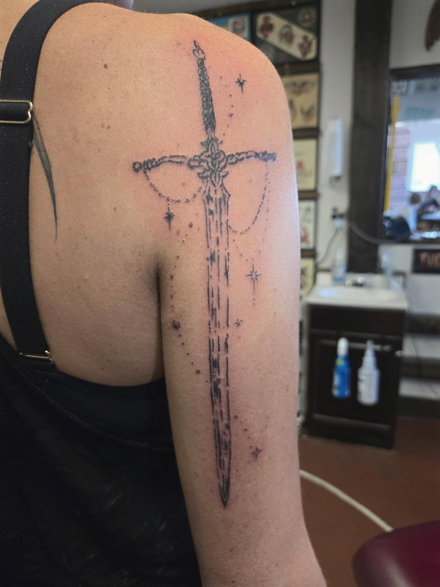 Sword dotwork tattoo on the shoulder by Irma π€β¨, Las Vegas, Nevada