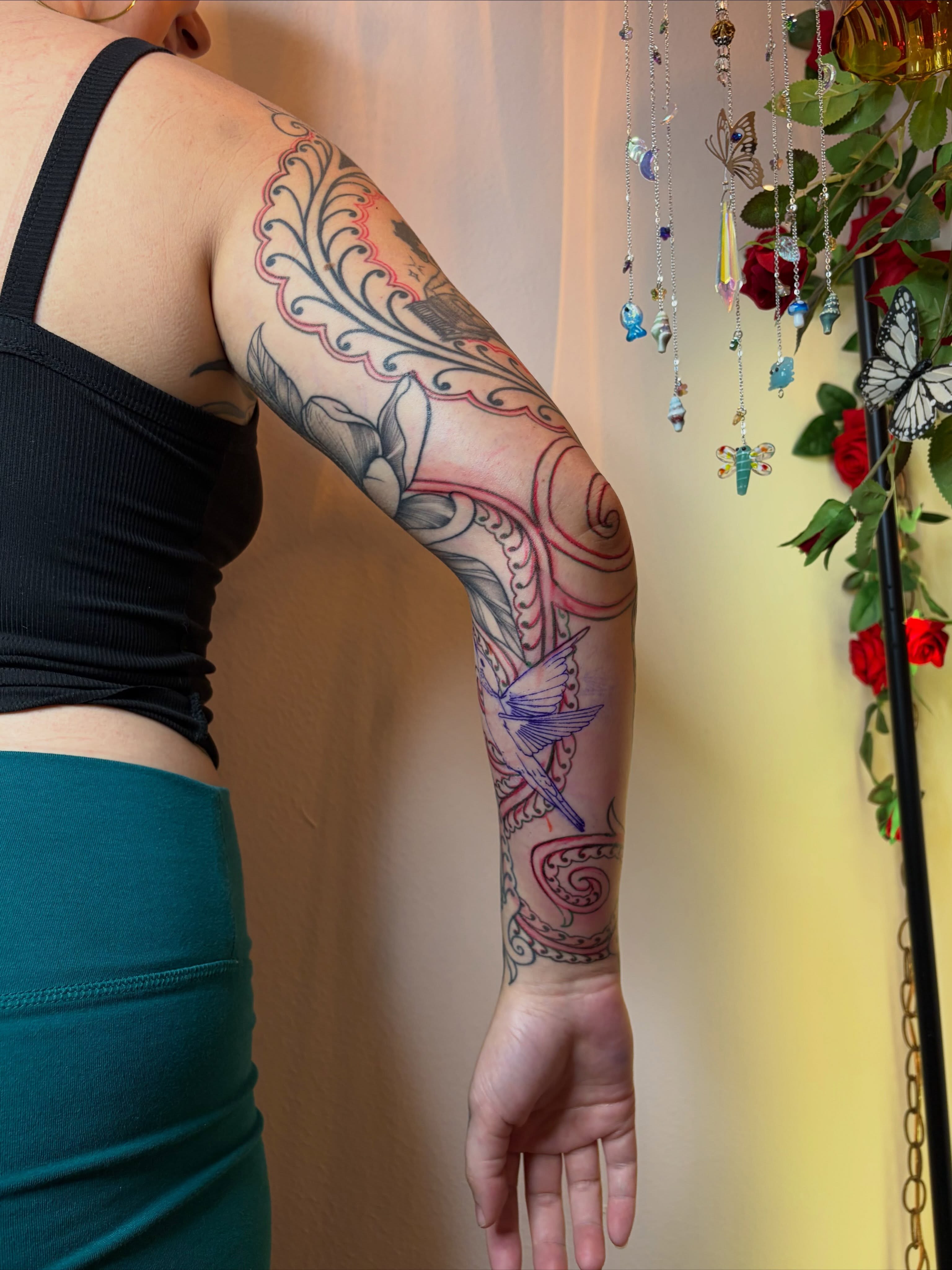 Floral and bird ornamental tattoo on the forearm by Danika Brooke 🧿