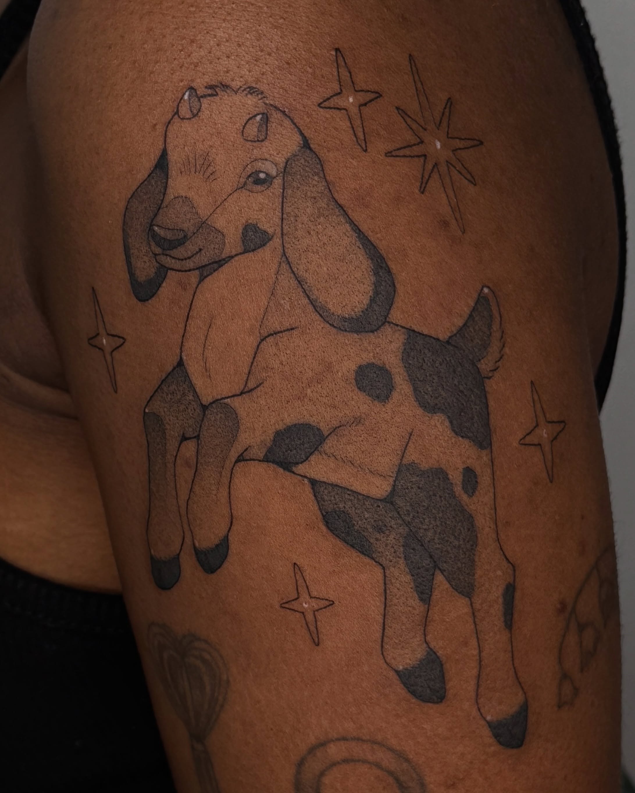 Goat black and grey tattoo on the thigh by Connor🍄🏳️‍⚧️