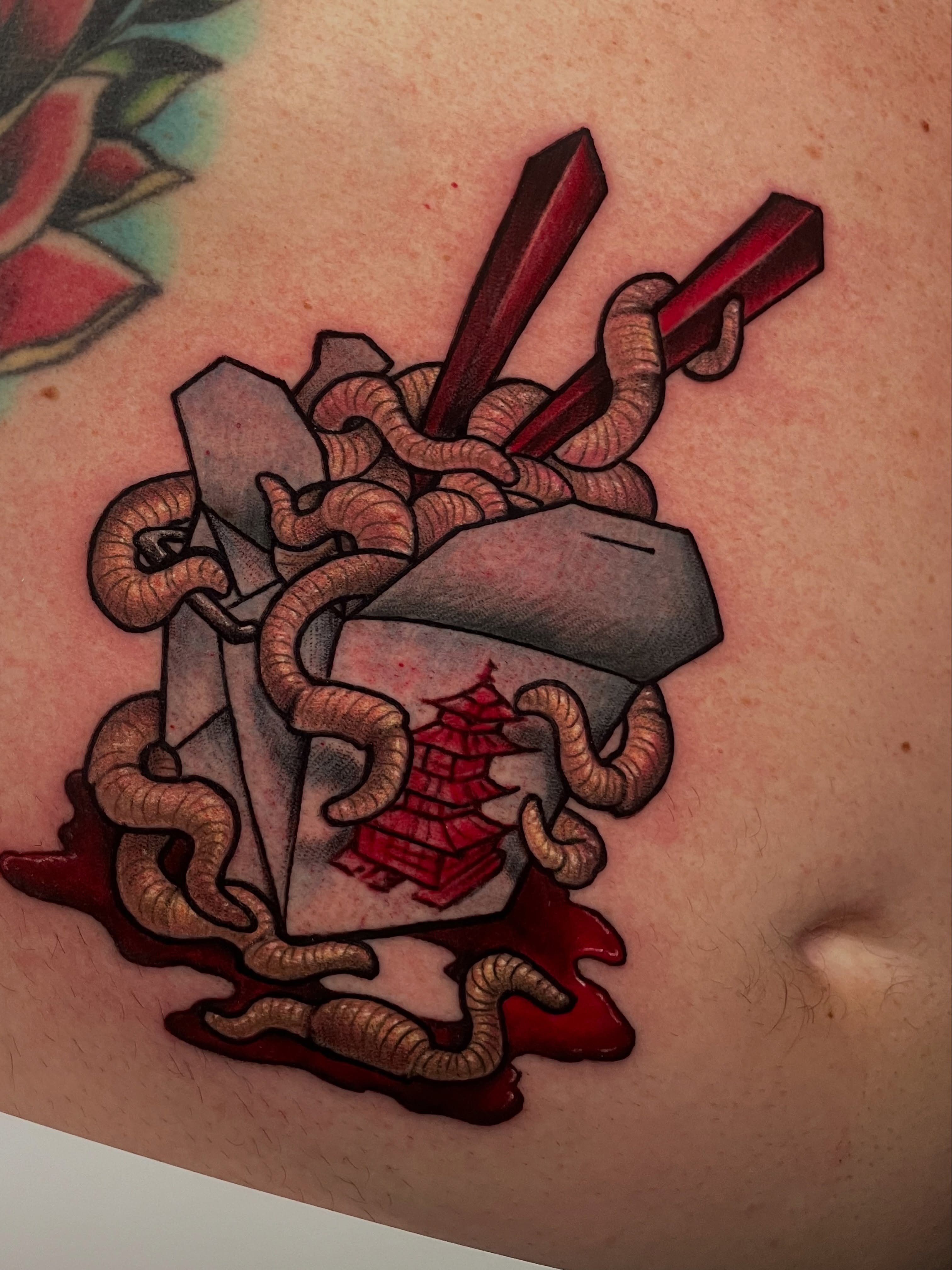 Chinese takeout box American traditional tattoo on the thigh by Missi Blue