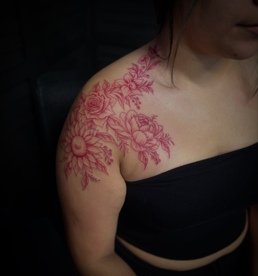 Floral arrangement dotwork tattoo on the shoulder by Sad Girl Tattoos