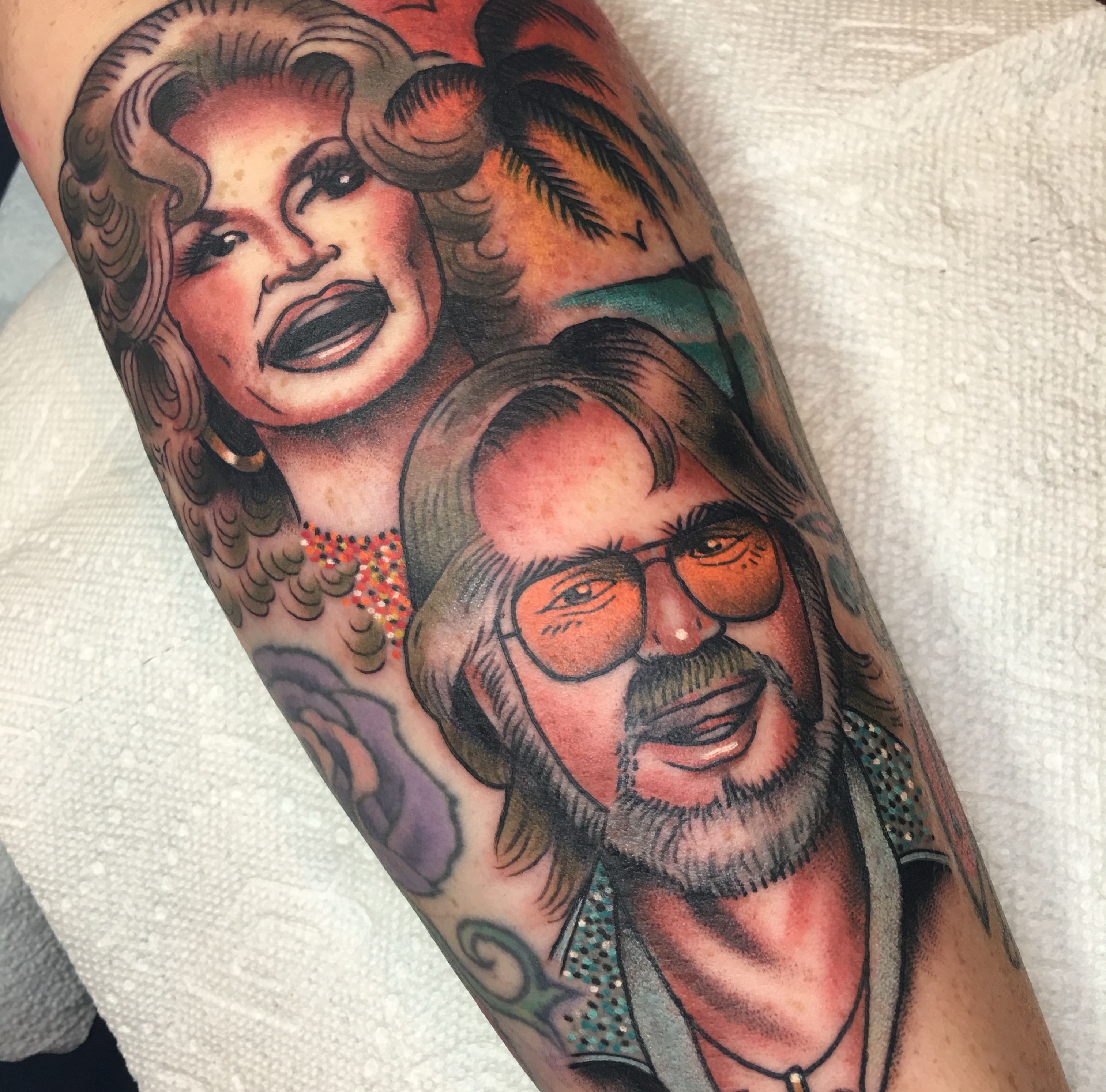 Duo portrait American traditional tattoo on the forearm by Stacey Martin Smith