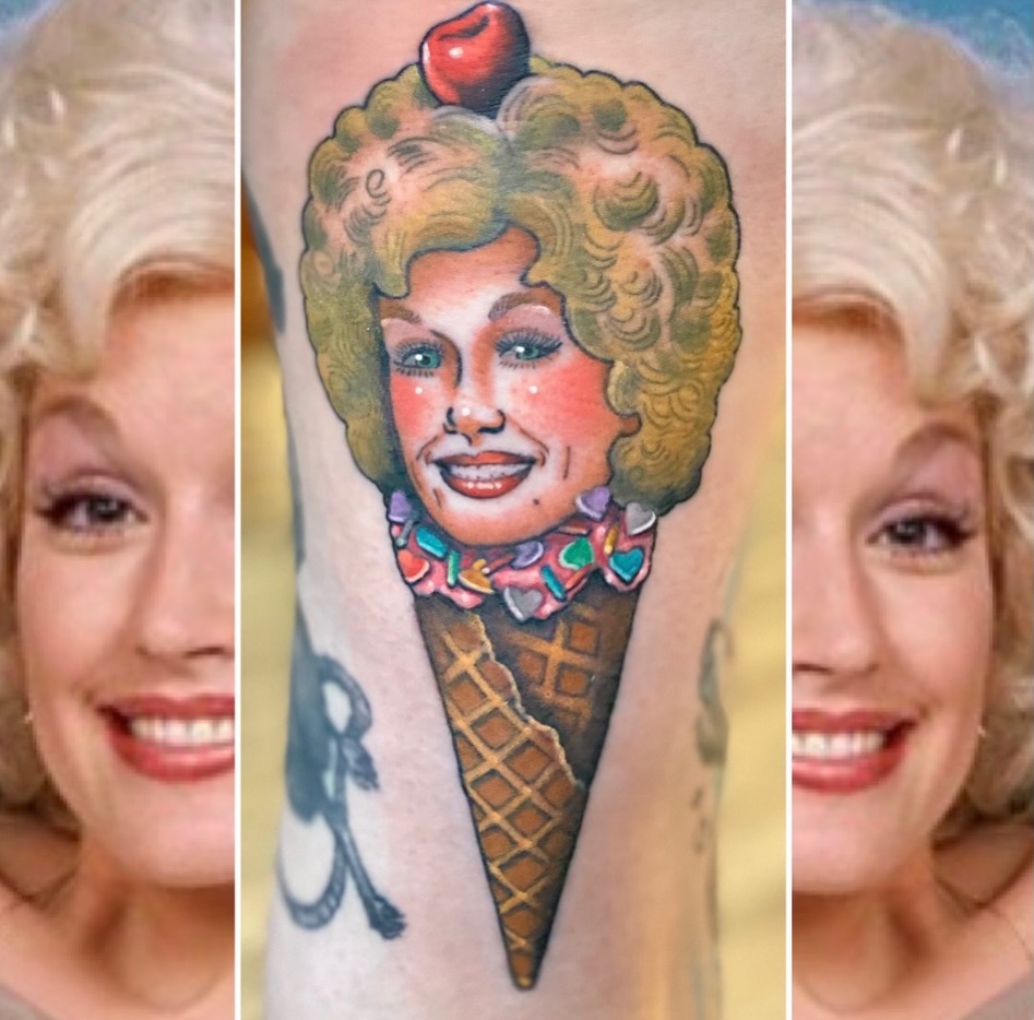 Ice cream cone with Dolly Parton American traditional tattoo on the forearm by Stacey Martin Smith