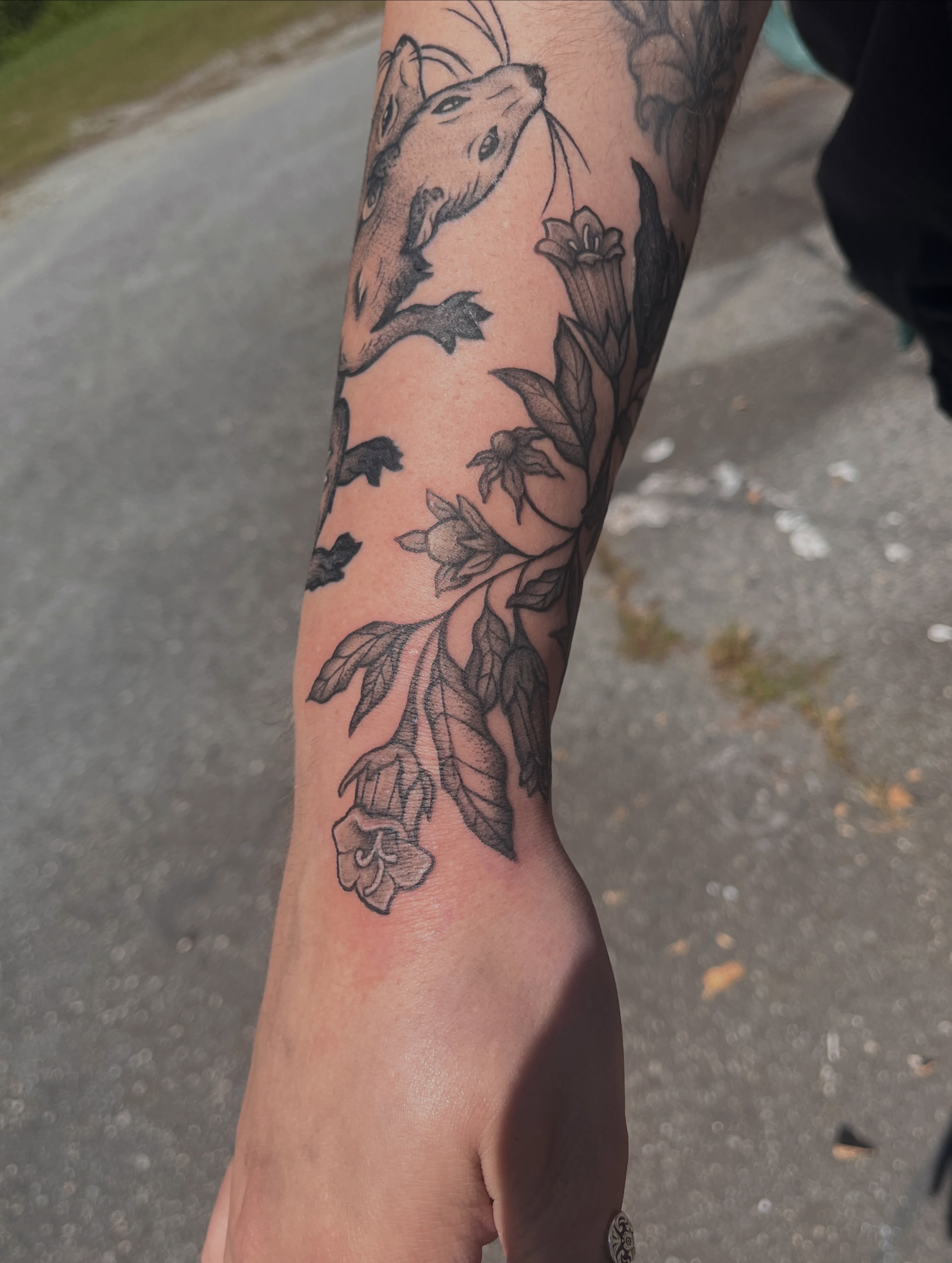 Fox and flowers black and grey tattoo on the forearm by Anya💋~NC Tattoo Artist