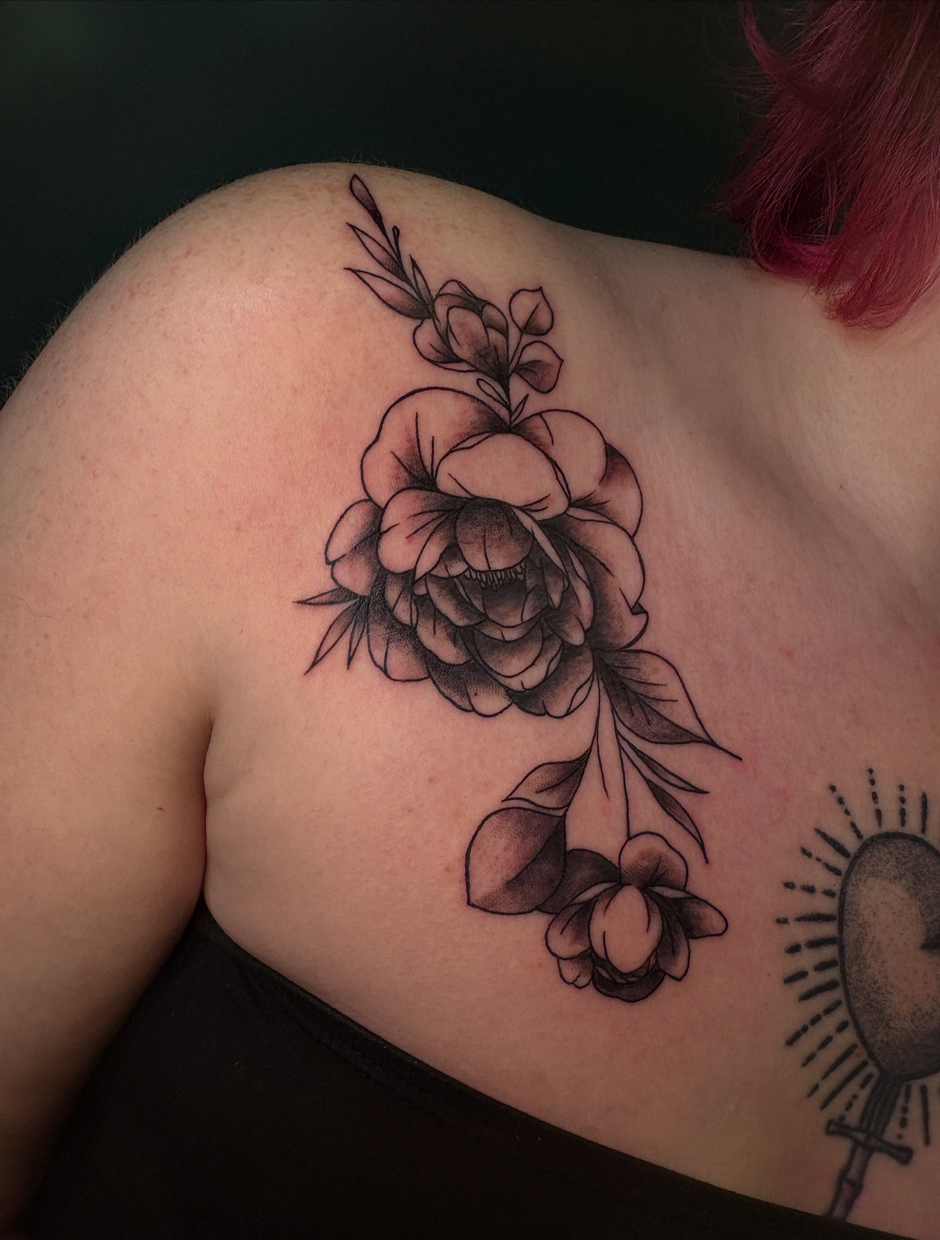 Peony black and grey tattoo on the shoulder by ⋆.˚ ☾ .⭒˚ alaina