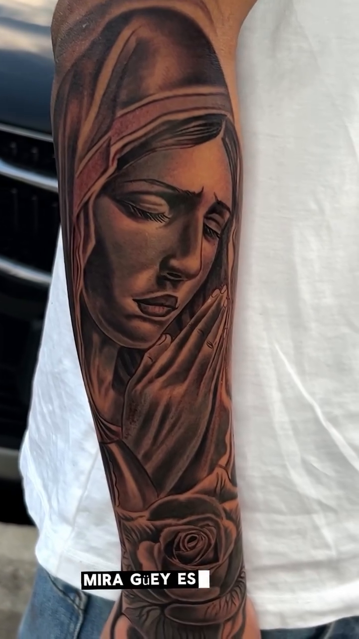 Virgin Mary and rose realism tattoo by Kevyn Vidal