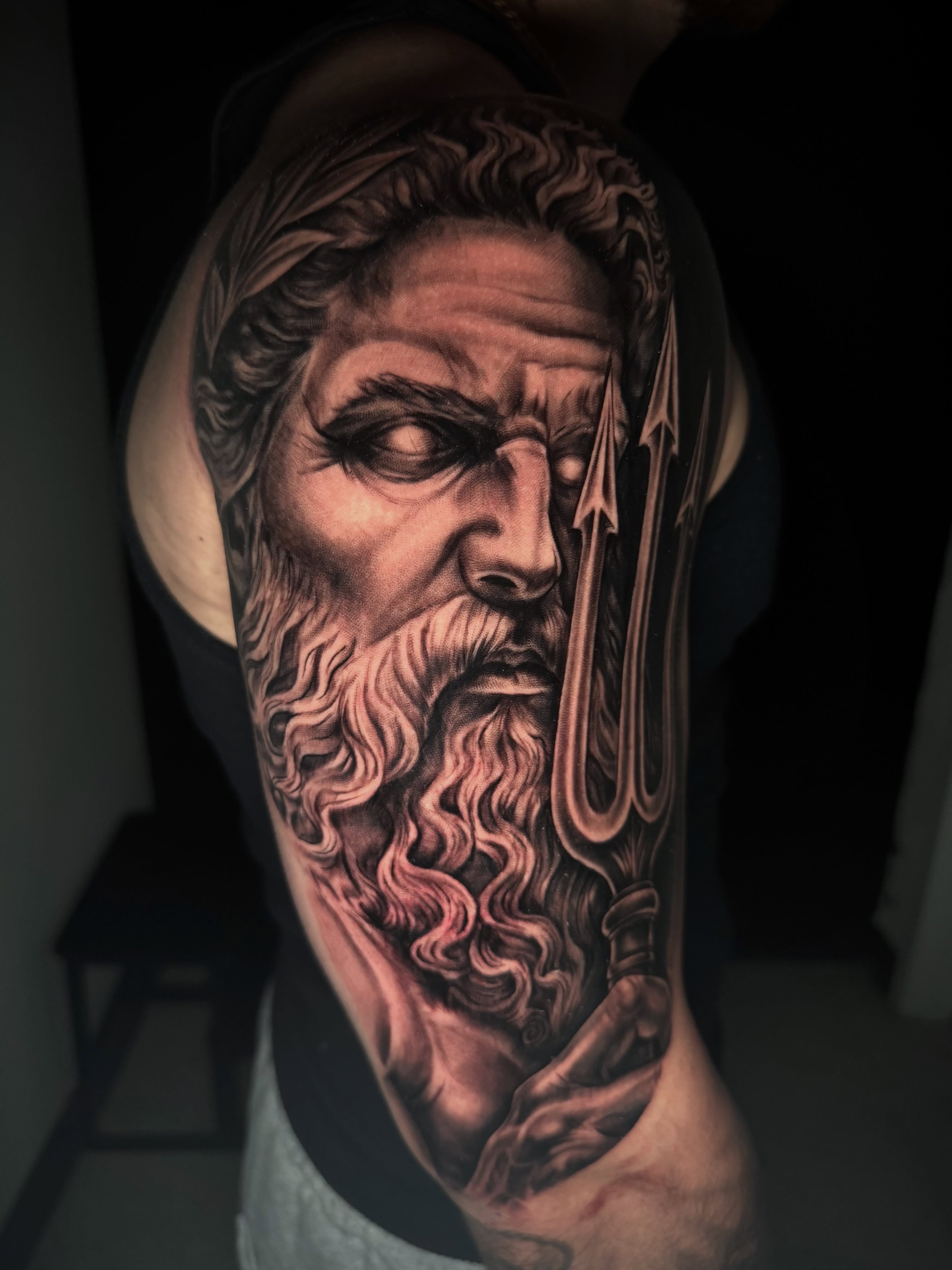 Ancient man realism tattoo on the shoulder by Dustin Kaiser, Mentor, Ohio