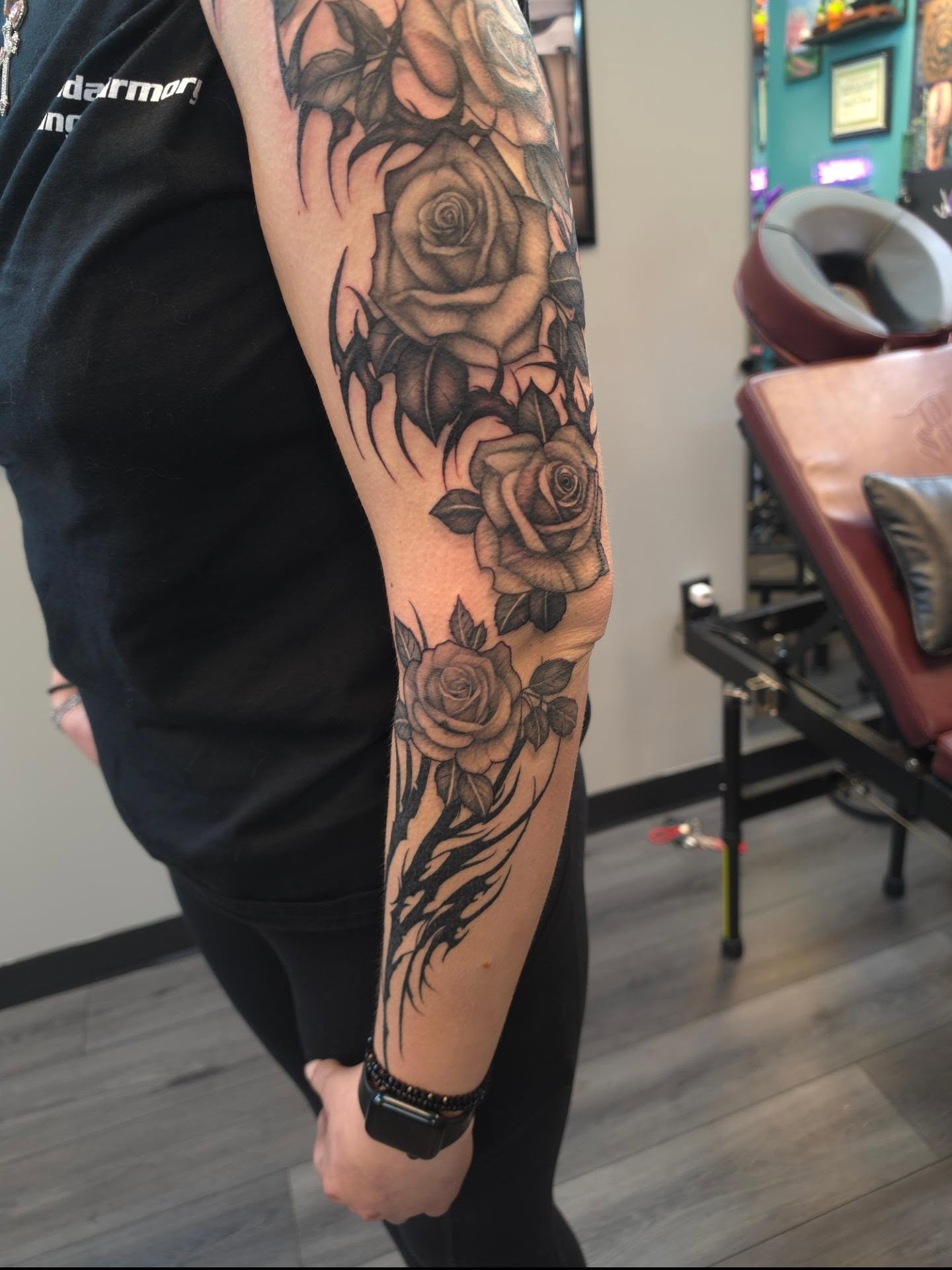 Roses black and grey tattoo on the forearm by Danielle Elizabeth