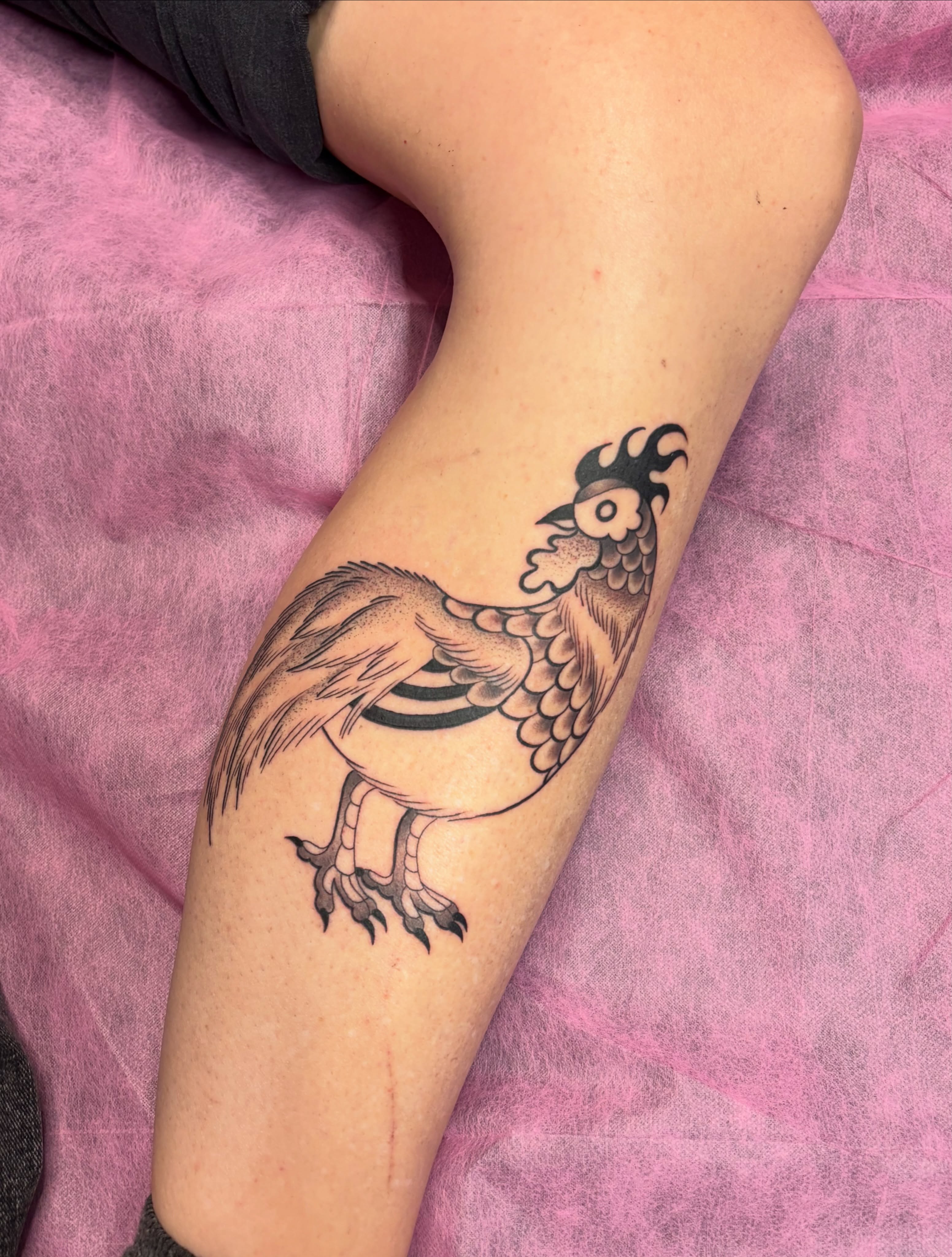 Rooster black and grey tattoo on the forearm by Victoria Bacon