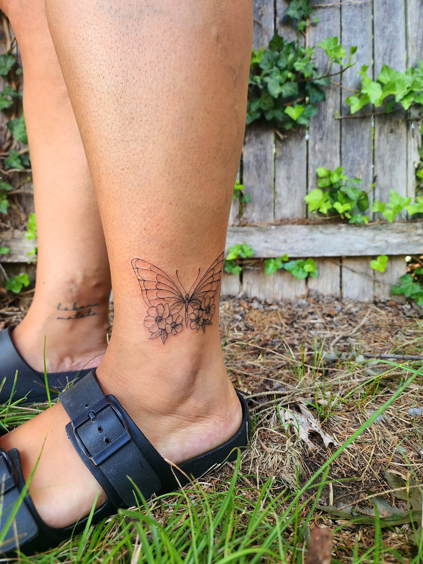Butterfly black and grey tattoo on the calf by Alex ▪︎ Tattoo Apprentice