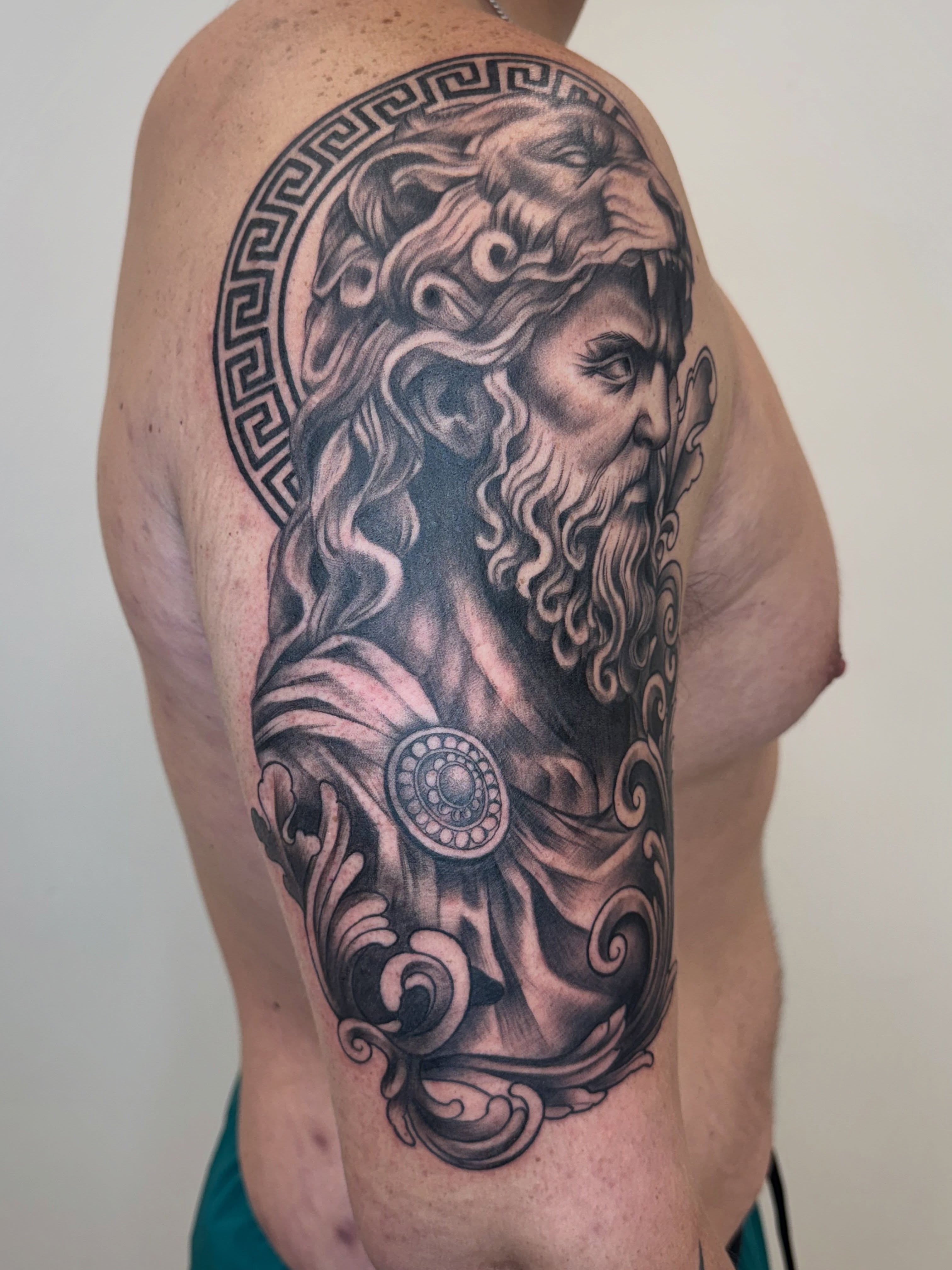 God-like figure realism tattoo on the shoulder by Tara Crespi - Female Tattoo Artist 💜