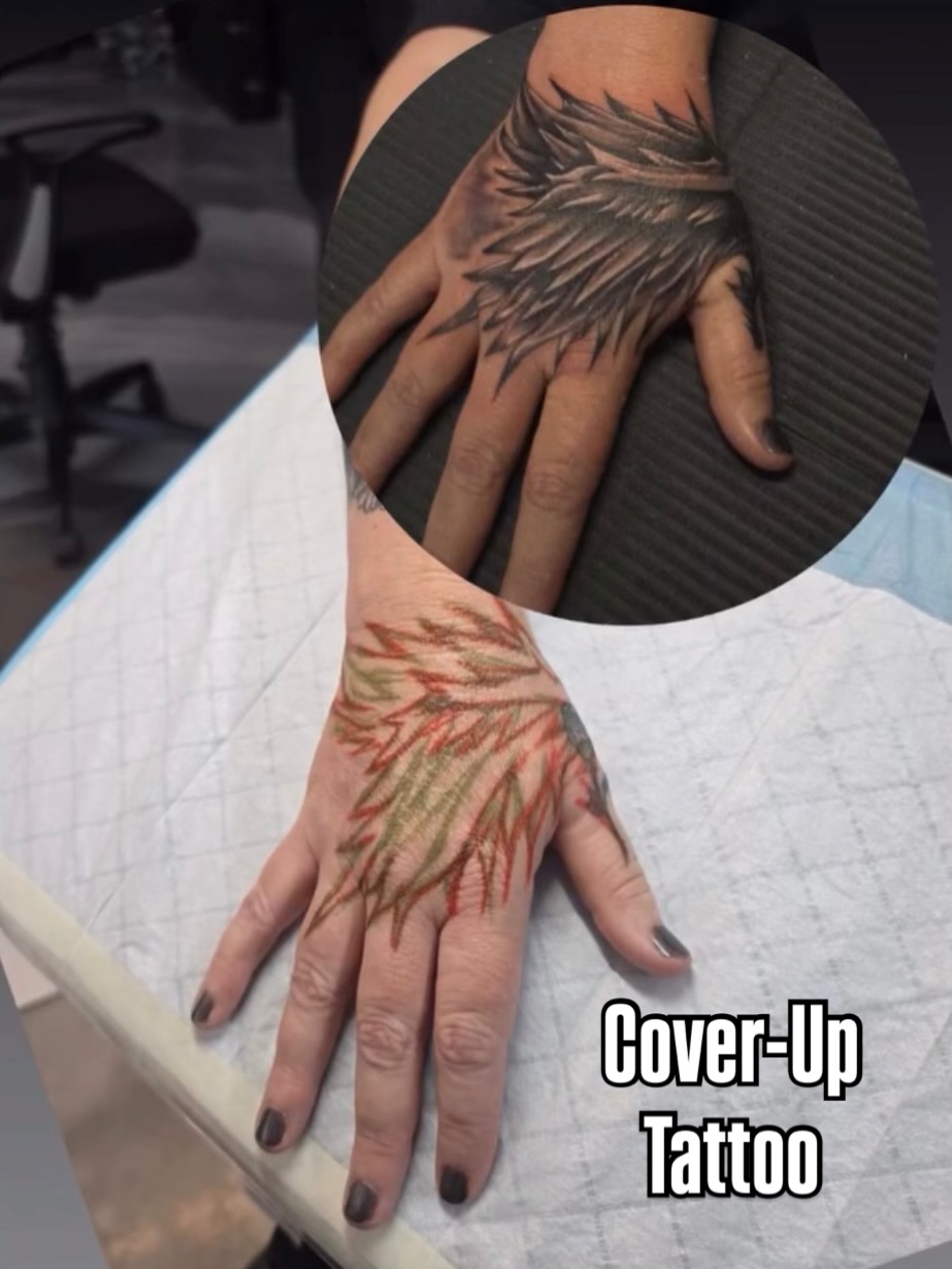 Feather black and grey tattoo on the hand by Noriega Josué