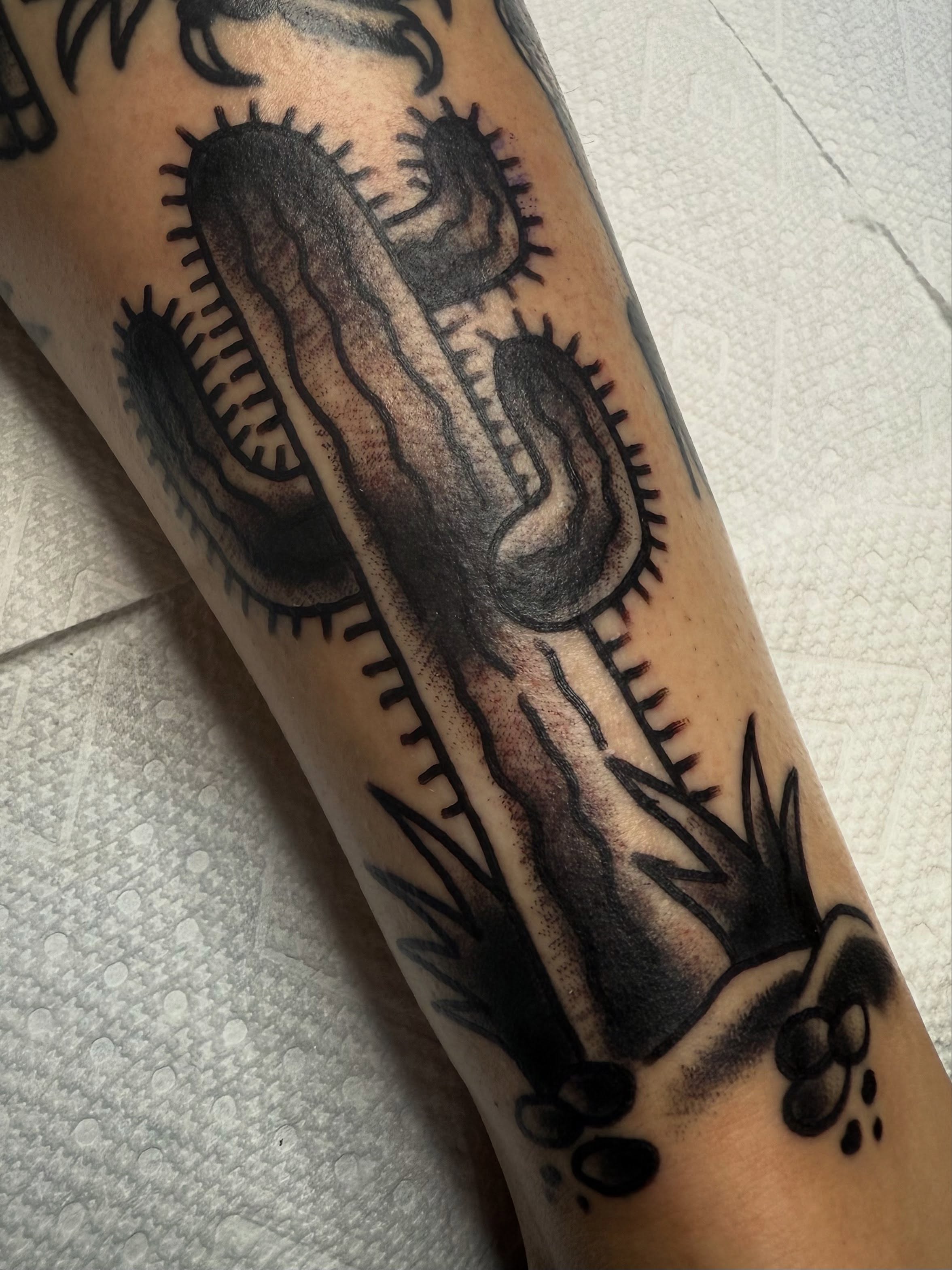 Cactus black and grey tattoo on the forearm by Victoria Lagano NYC Traditional Tattoos