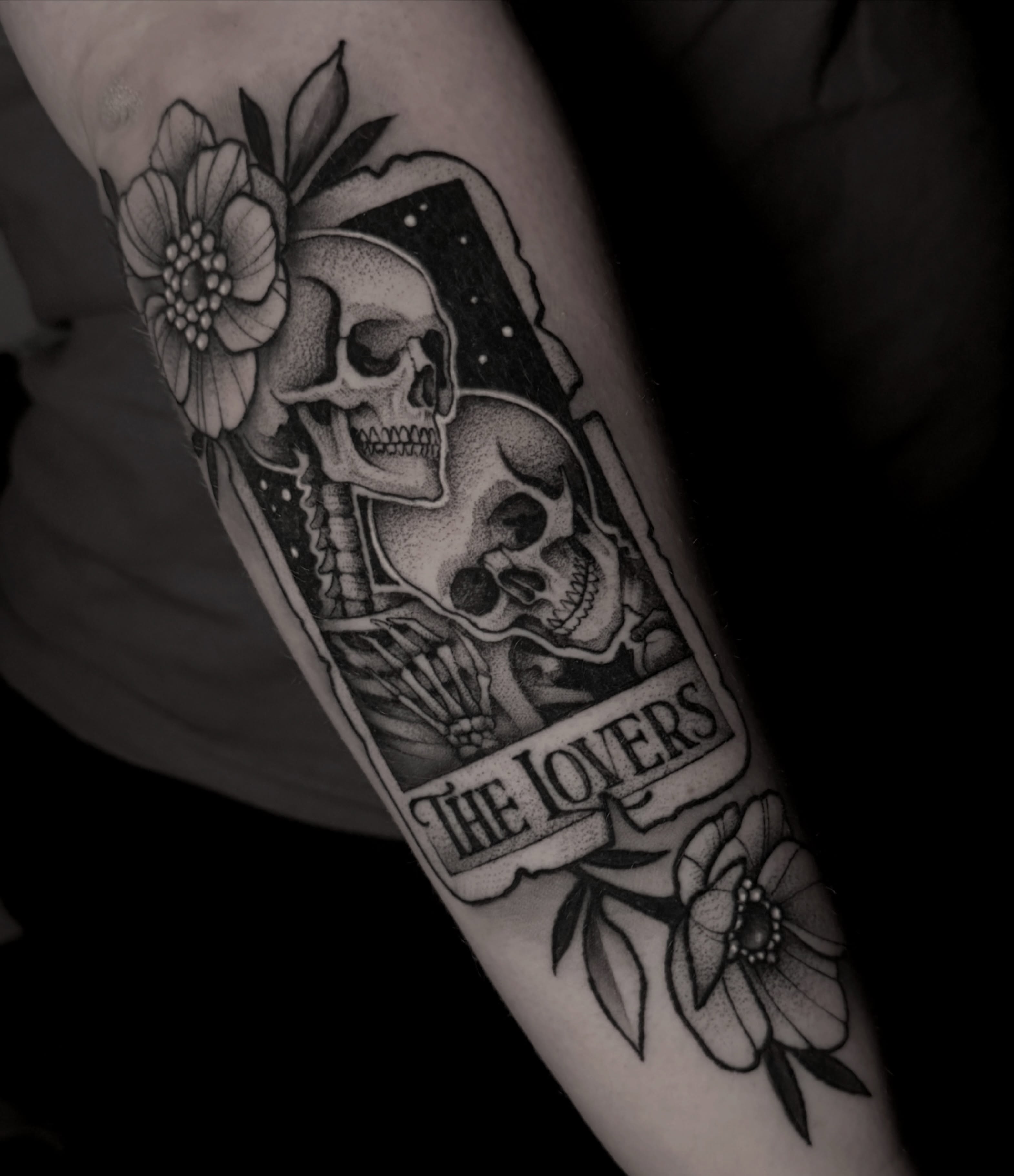 The lovers tarot card dotwork tattoo on the forearm by Clayton Smith (BEAR)