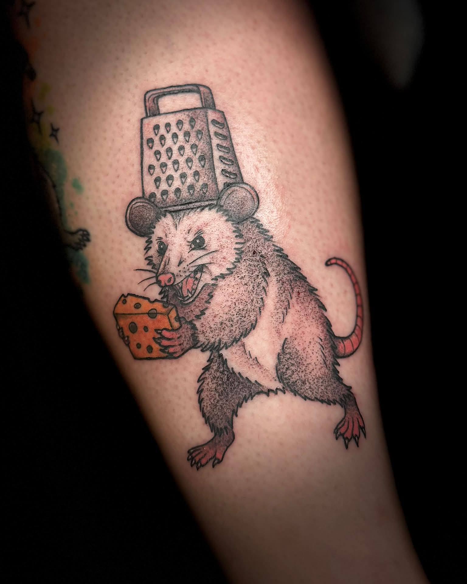 Possum with cheese and grater dotwork tattoo on the forearm by Eden Rose, Kalama, Washington