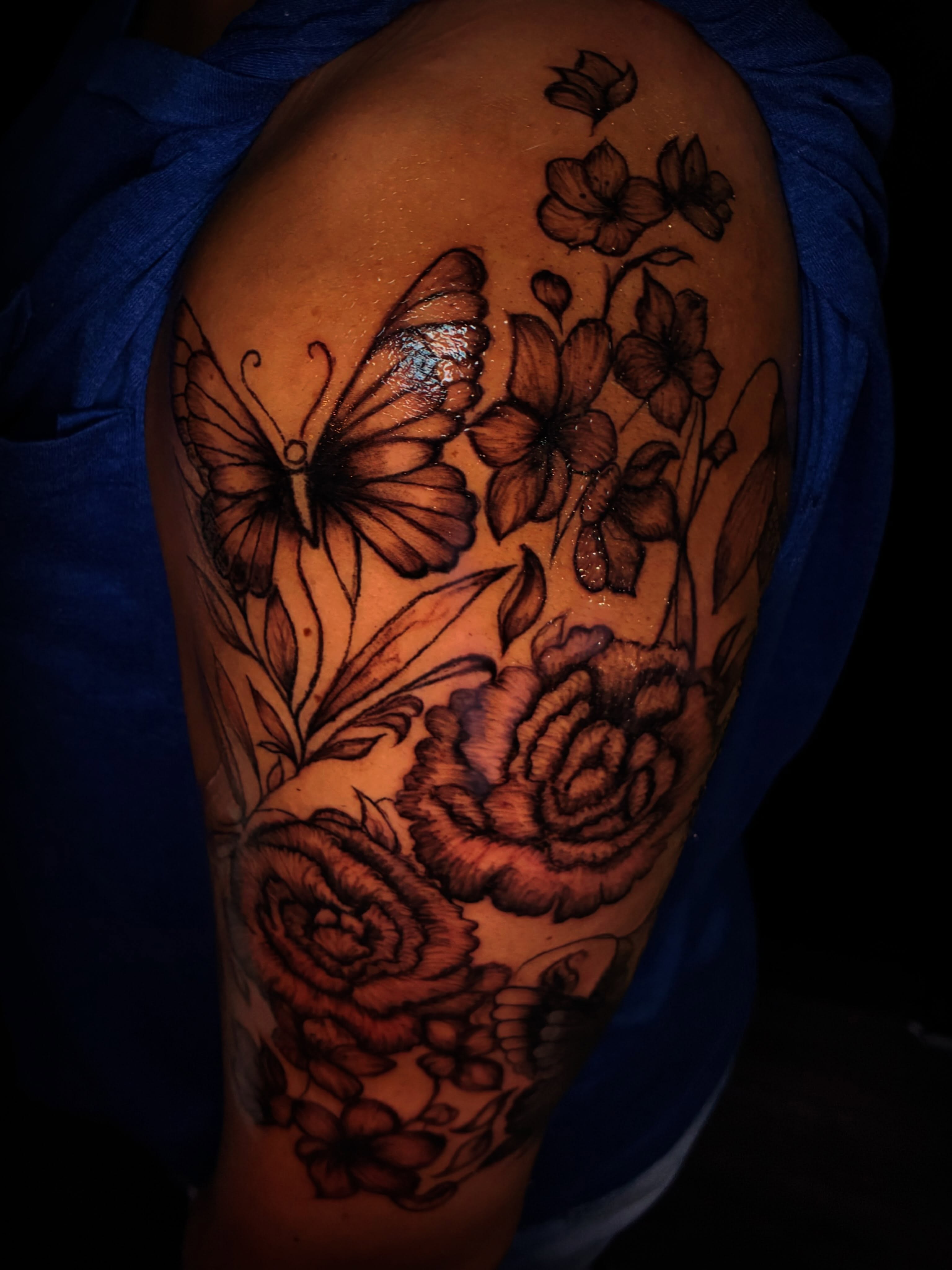 Butterflies and flowers black and grey tattoo on the shoulder by Ink’d by Reina 🖤, Colorado Springs, Colorado
