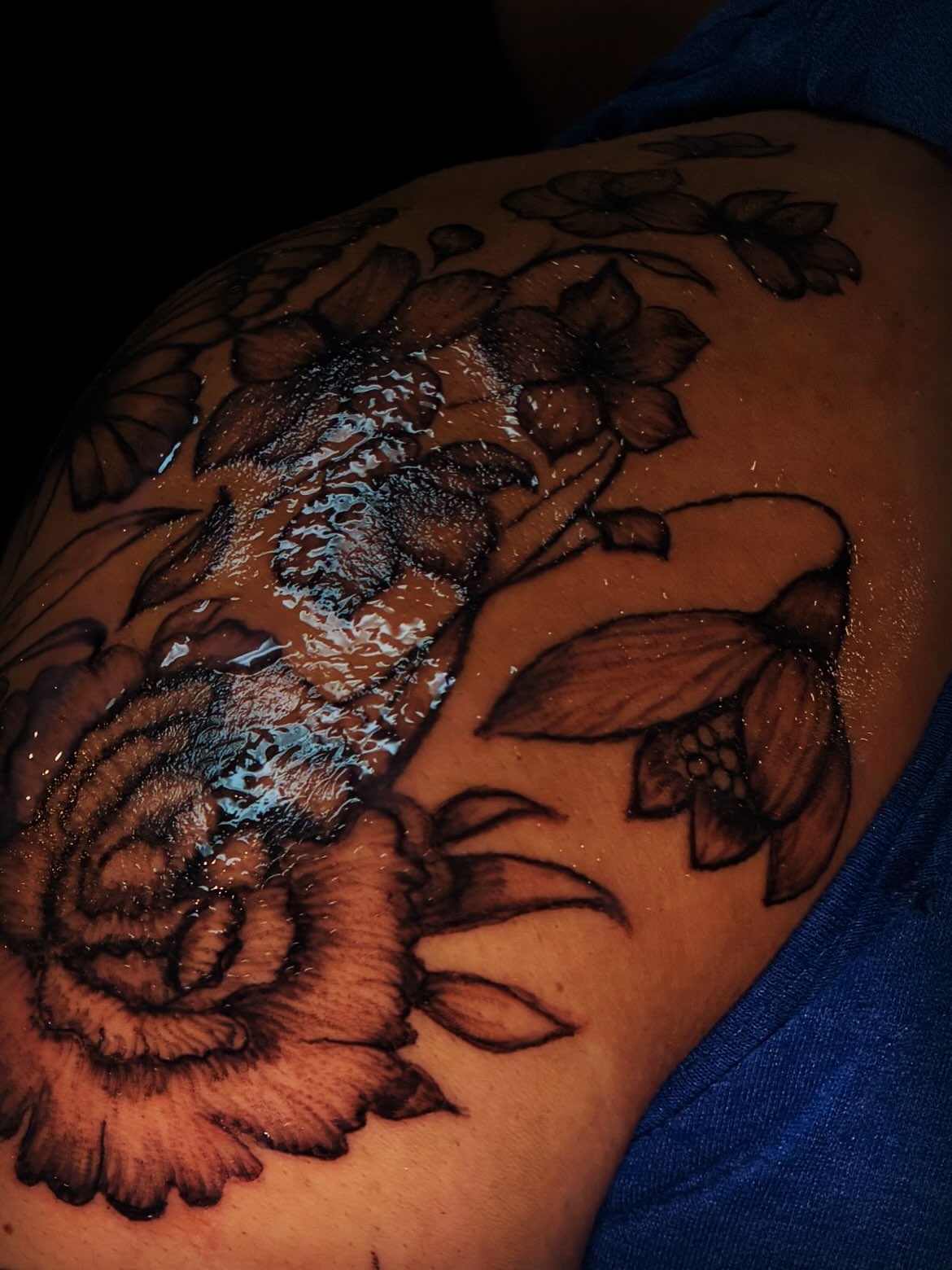 Flower bouquet black and grey tattoo on the shoulder by Ink’d by Reina 🖤, Colorado Springs, Colorado