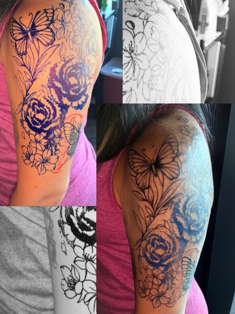 Floral and butterfly design black and grey tattoo on the upper arm by Ink’d by Reina 🖤, Colorado Springs, Colorado