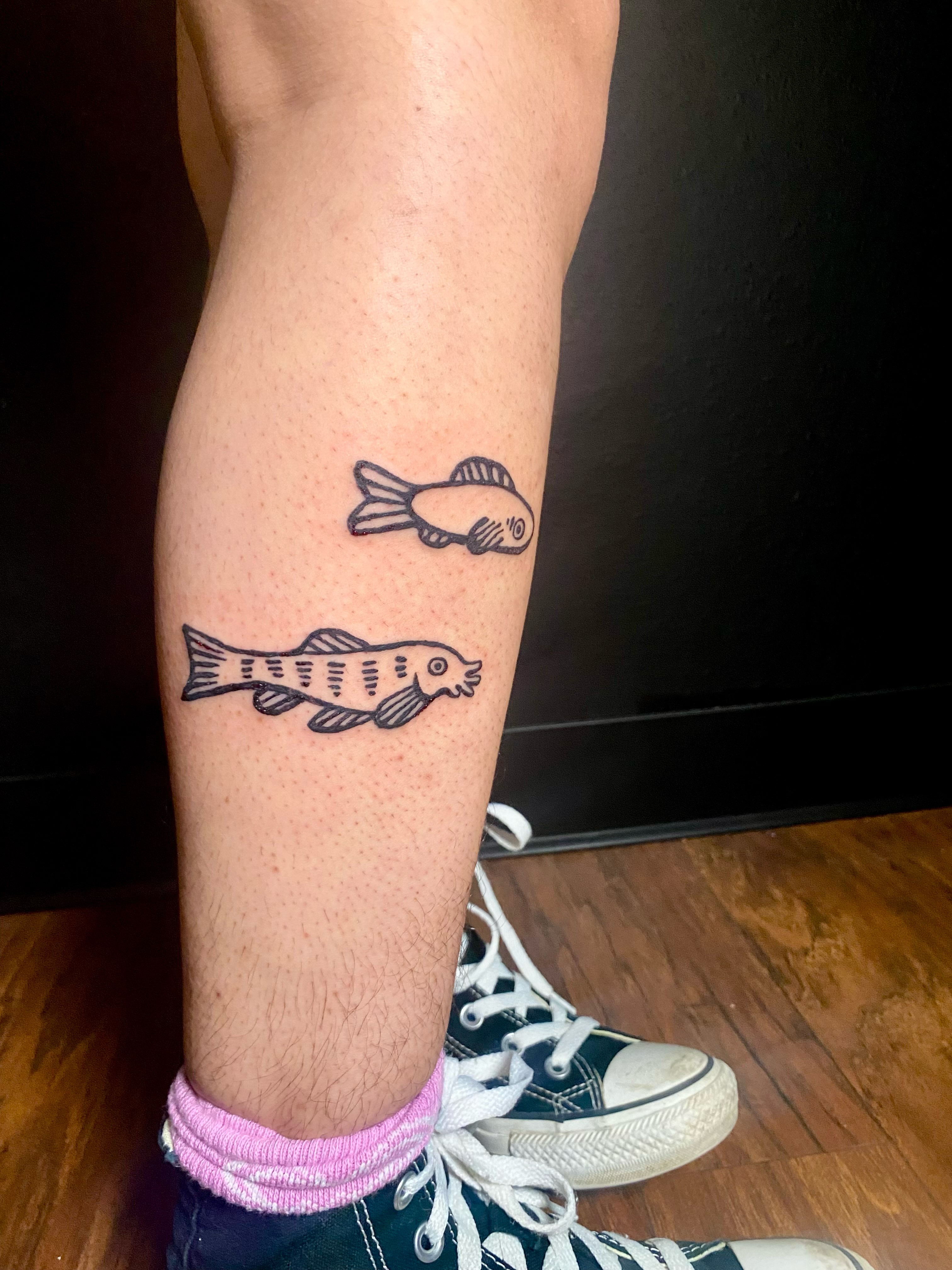 Fish black and grey tattoo on the calf by ollie, Portland, Oregon