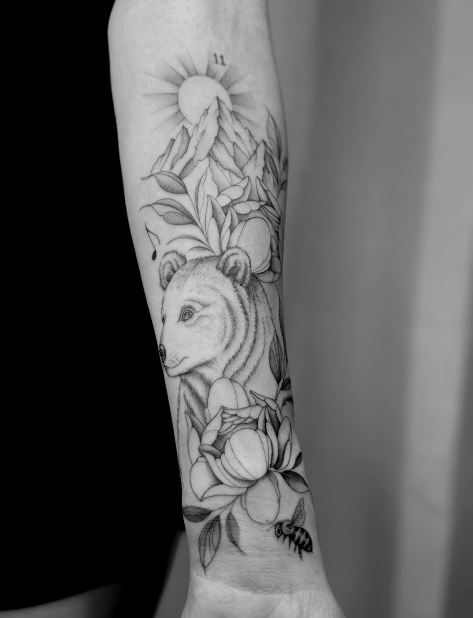 Bear and flowers realism tattoo on the forearm by ꕥ LANA MOON TATU ꕥ