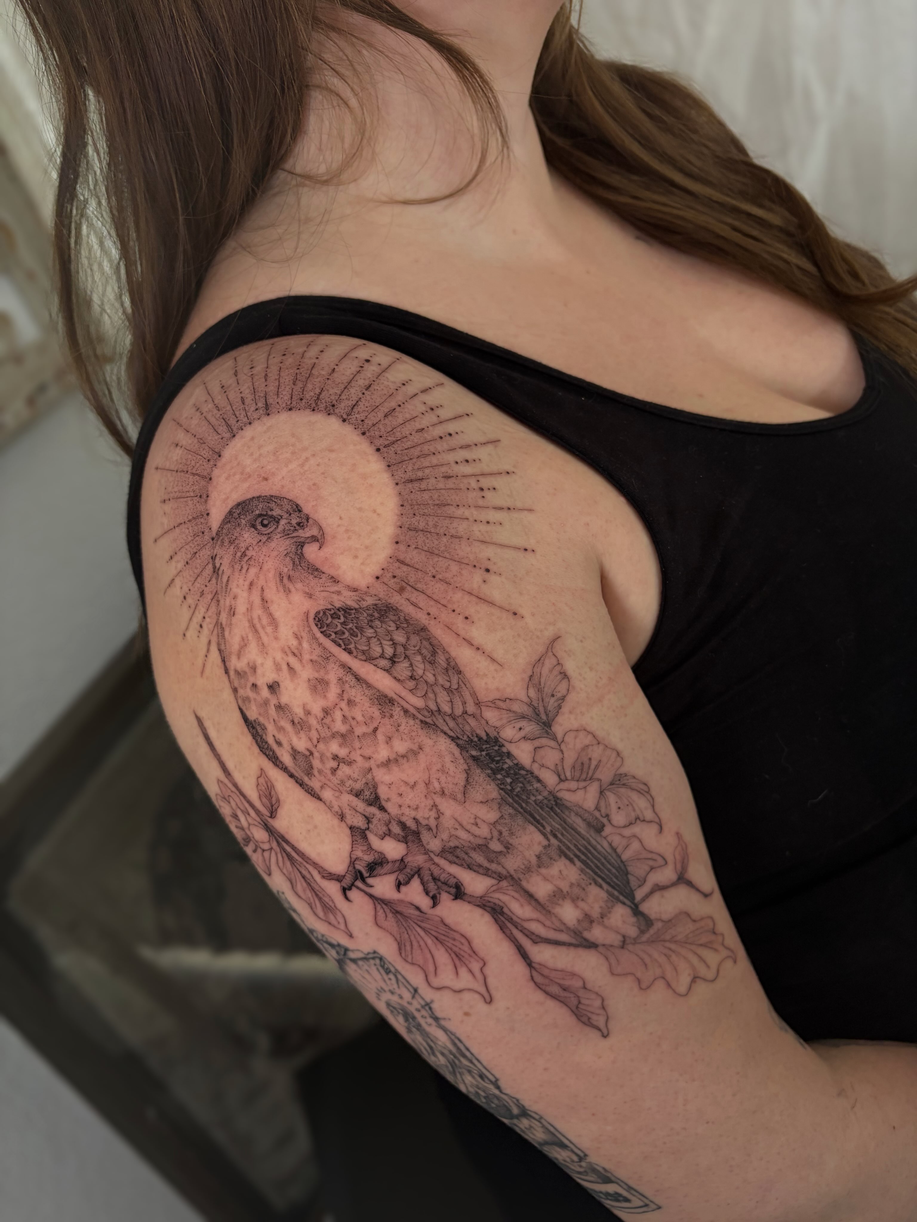 Hawk and sun black and grey tattoo on the upper arm by Justene Renee 🖤 Fine Line Tattoo Artist