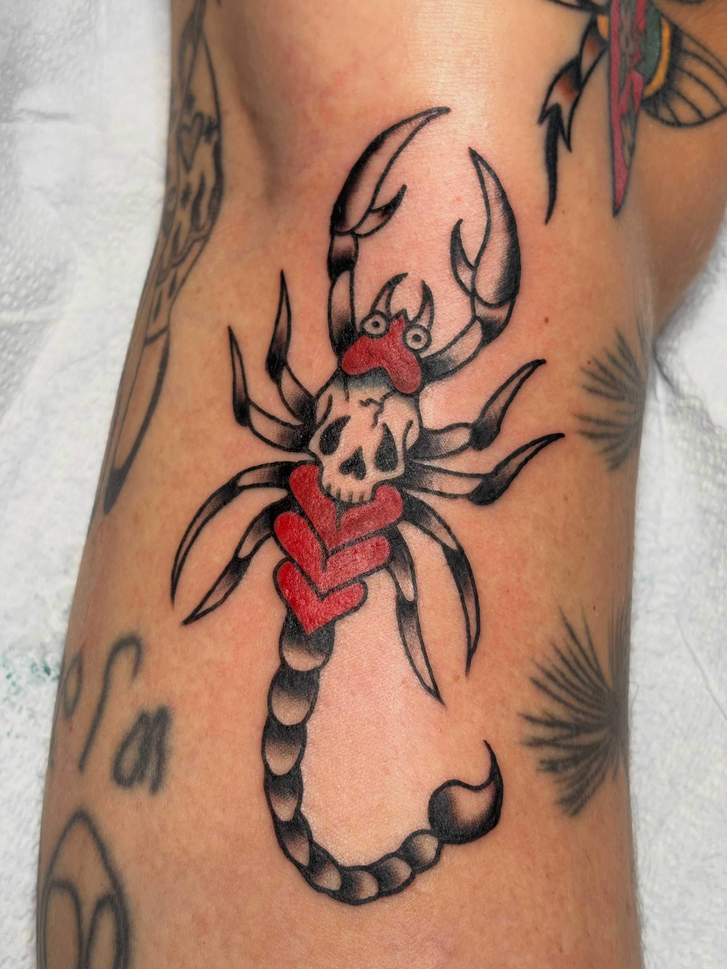Scorpion American traditional tattoo on the forearm by ellie