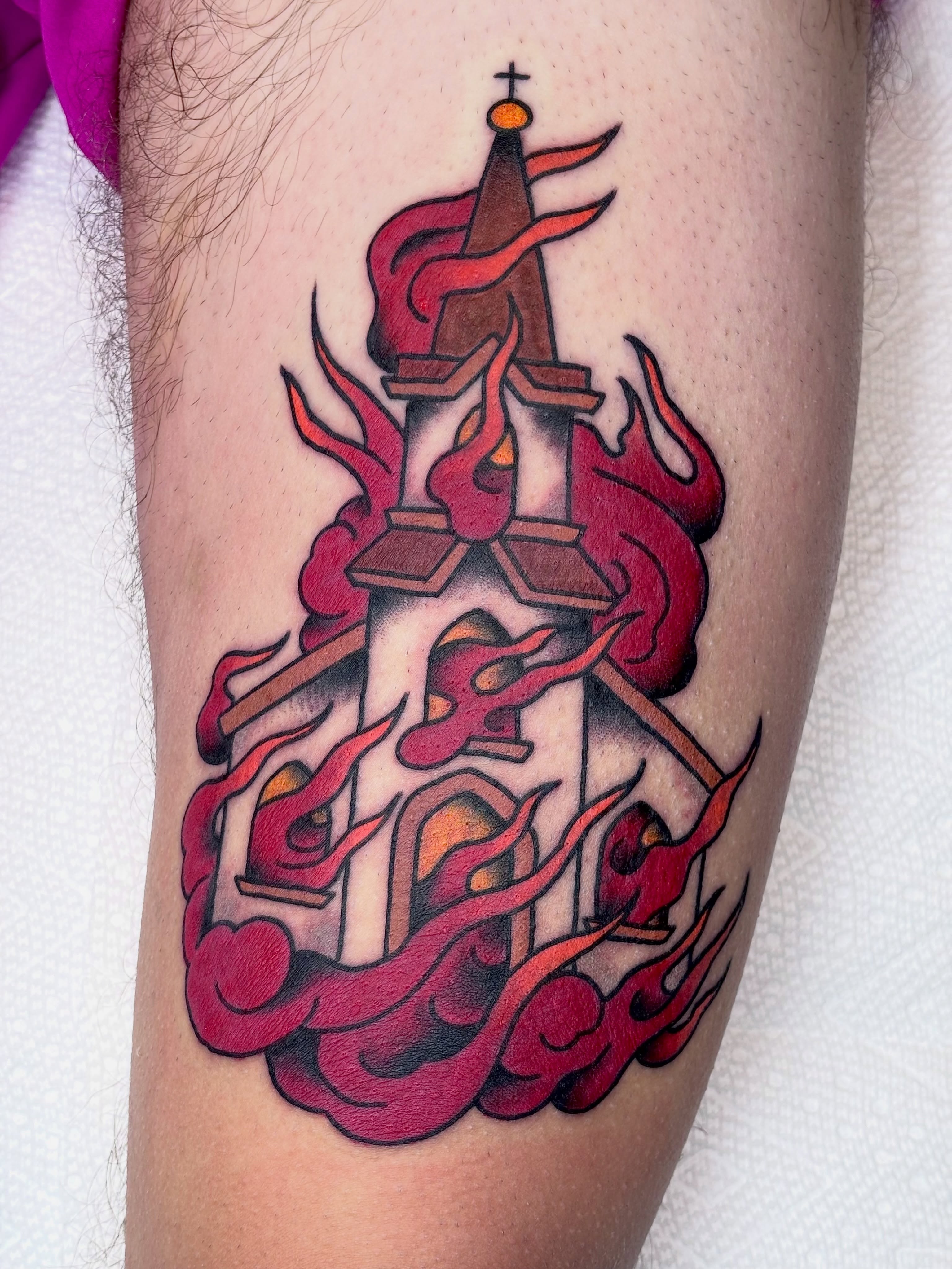 Flame and cross neo-traditional tattoo on the forearm by ★ ★ ★ Matt Reinstone ★ ★ ★
