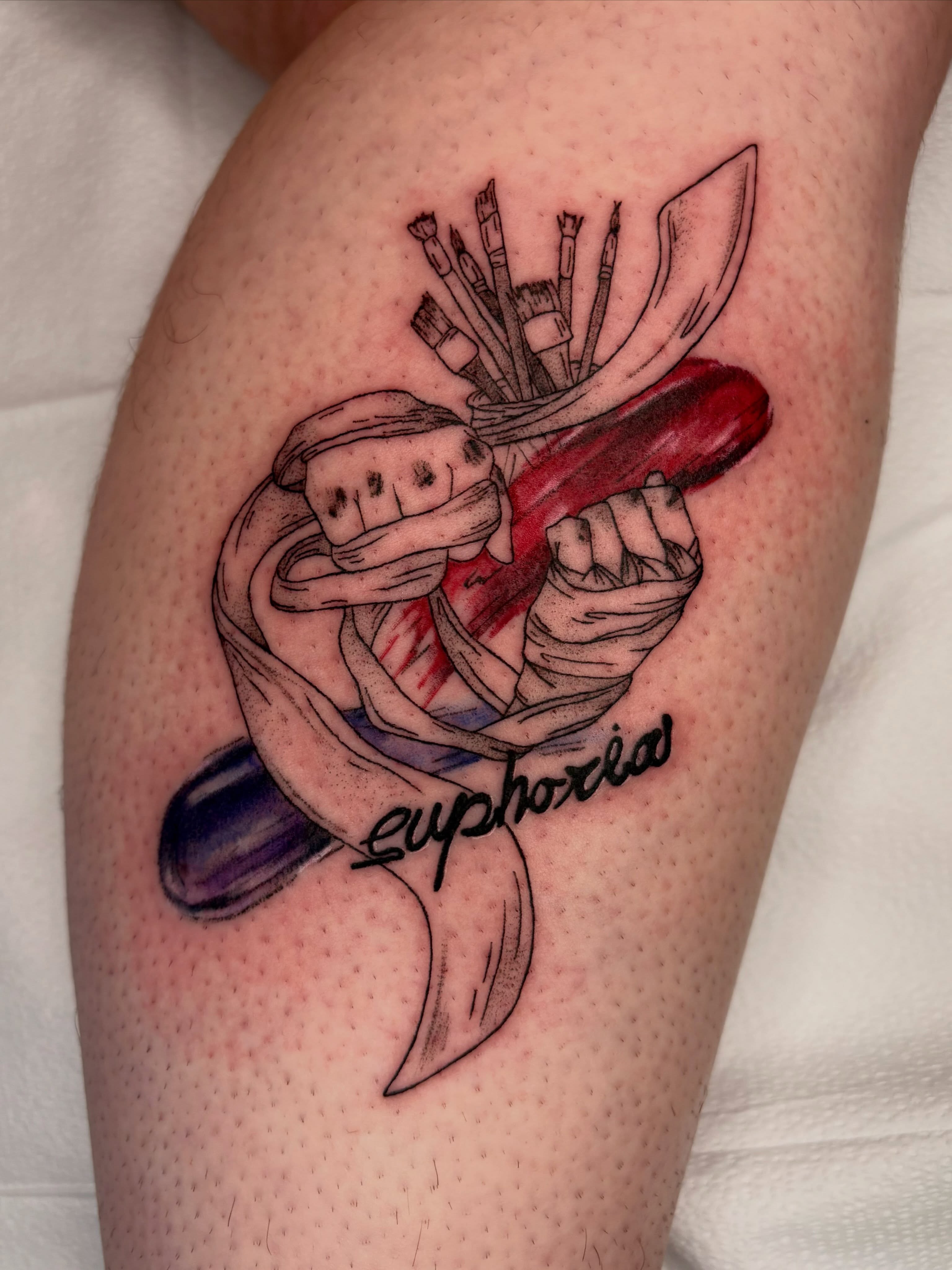 Brushes and paint tube new school tattoo on the thigh by mia aka chuu (◕ ˬ ◕ ✿)
