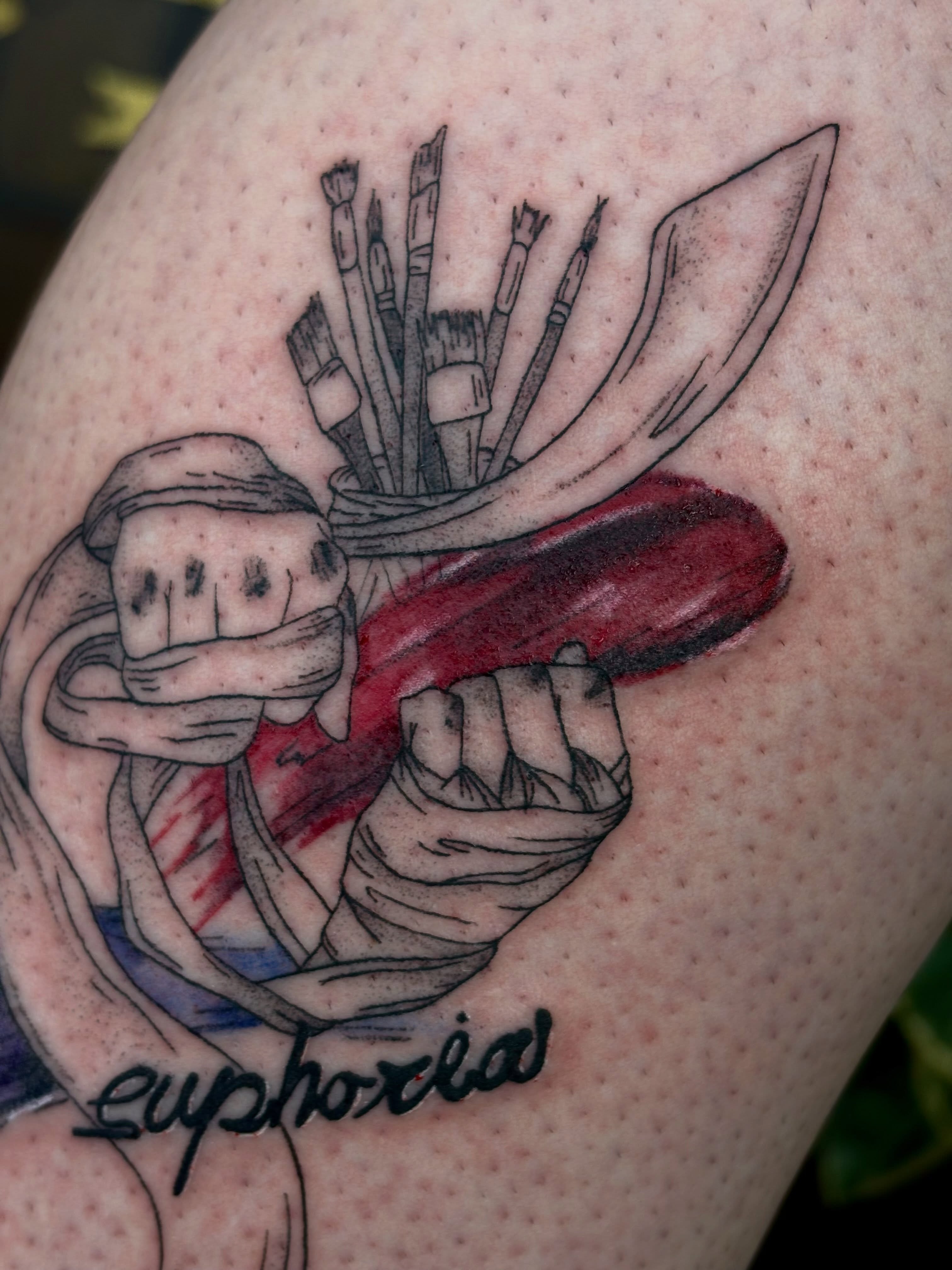 Paintbrushes and palette knife black and grey tattoo on the shoulder by mia aka chuu (◕ ˬ ◕ ✿)
