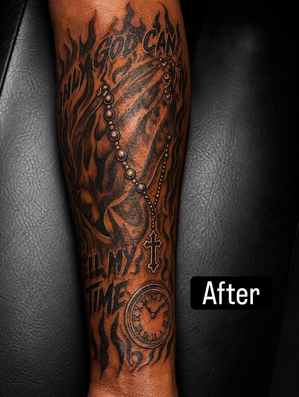 Rosary and clock black and grey tattoo on the forearm by @tatzbythadon