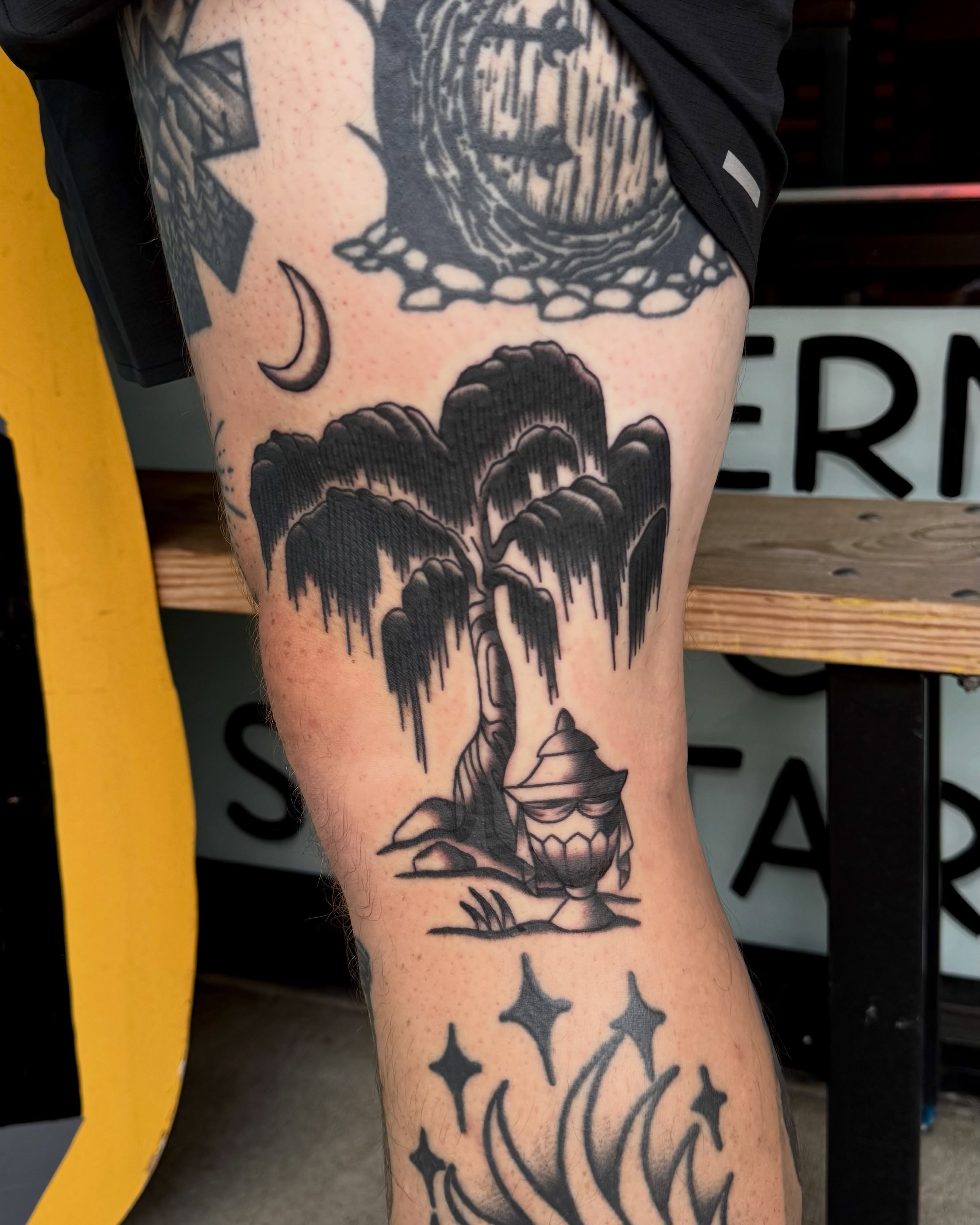 Willow tree and lantern black and grey tattoo on the thigh by ＊ Carly James ＊