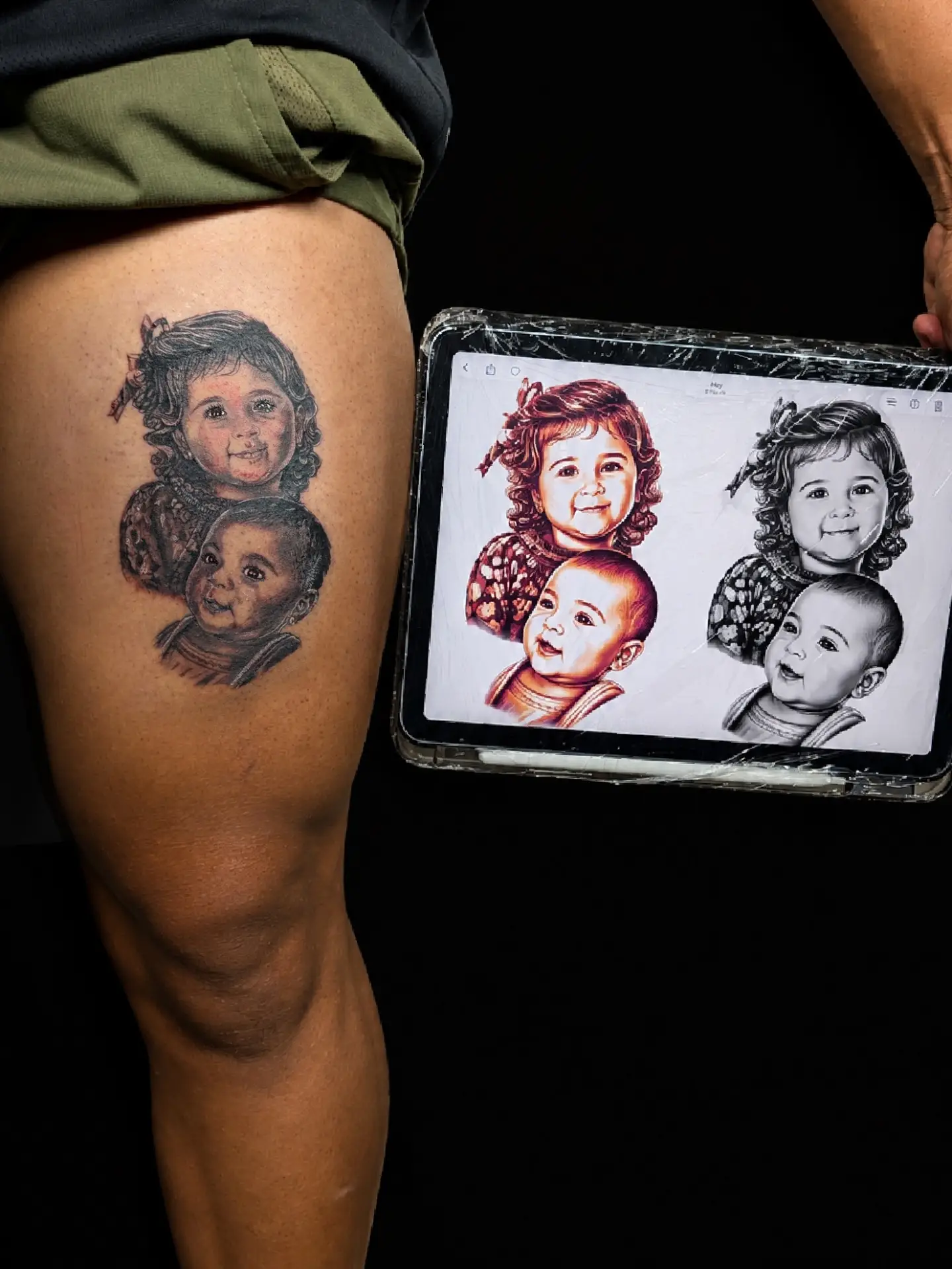 Children realism tattoo on the thigh by Tony