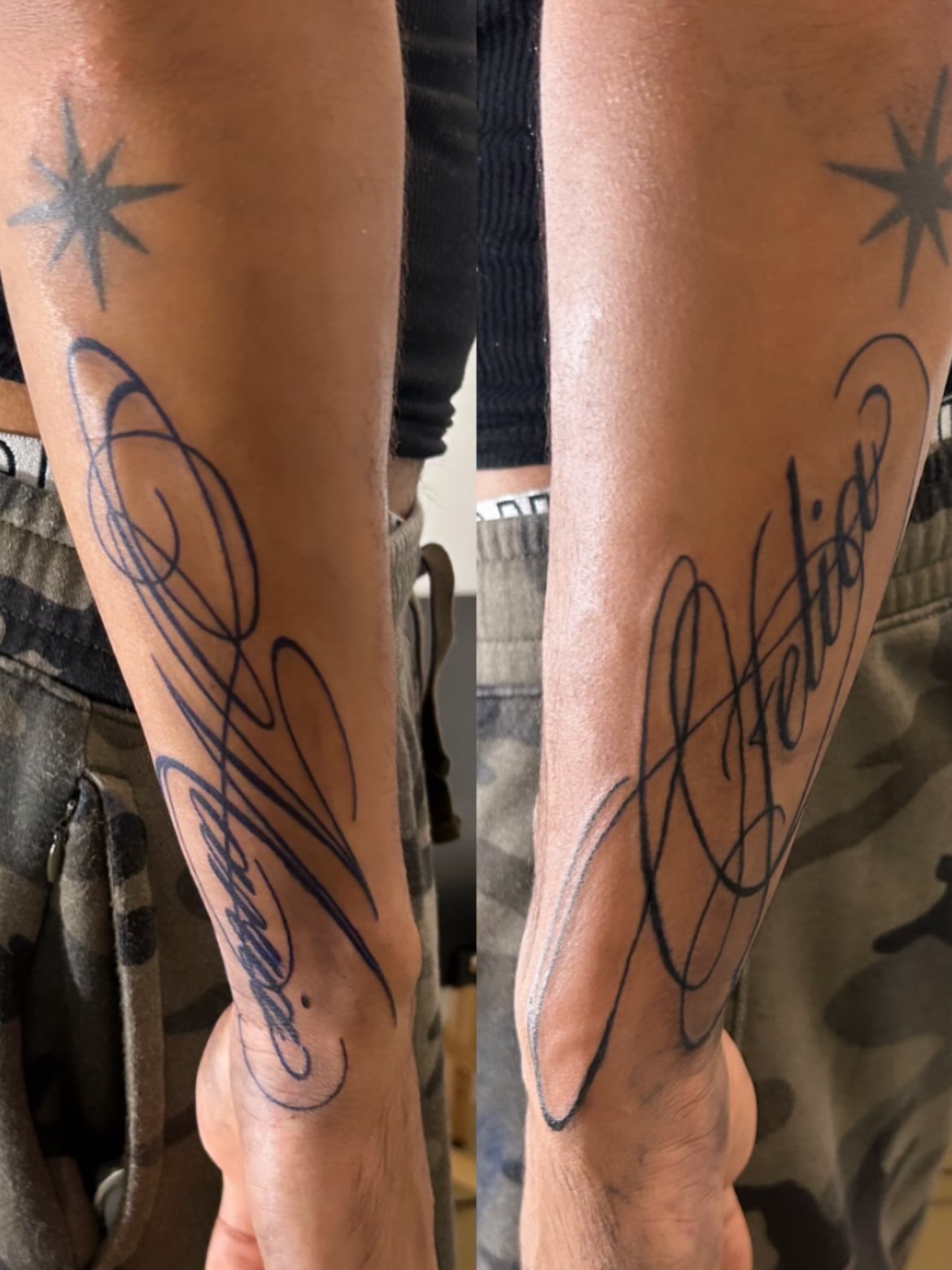 Signature lettering script tattoo on the forearm by Miss Moezartt the Multidisciplinary