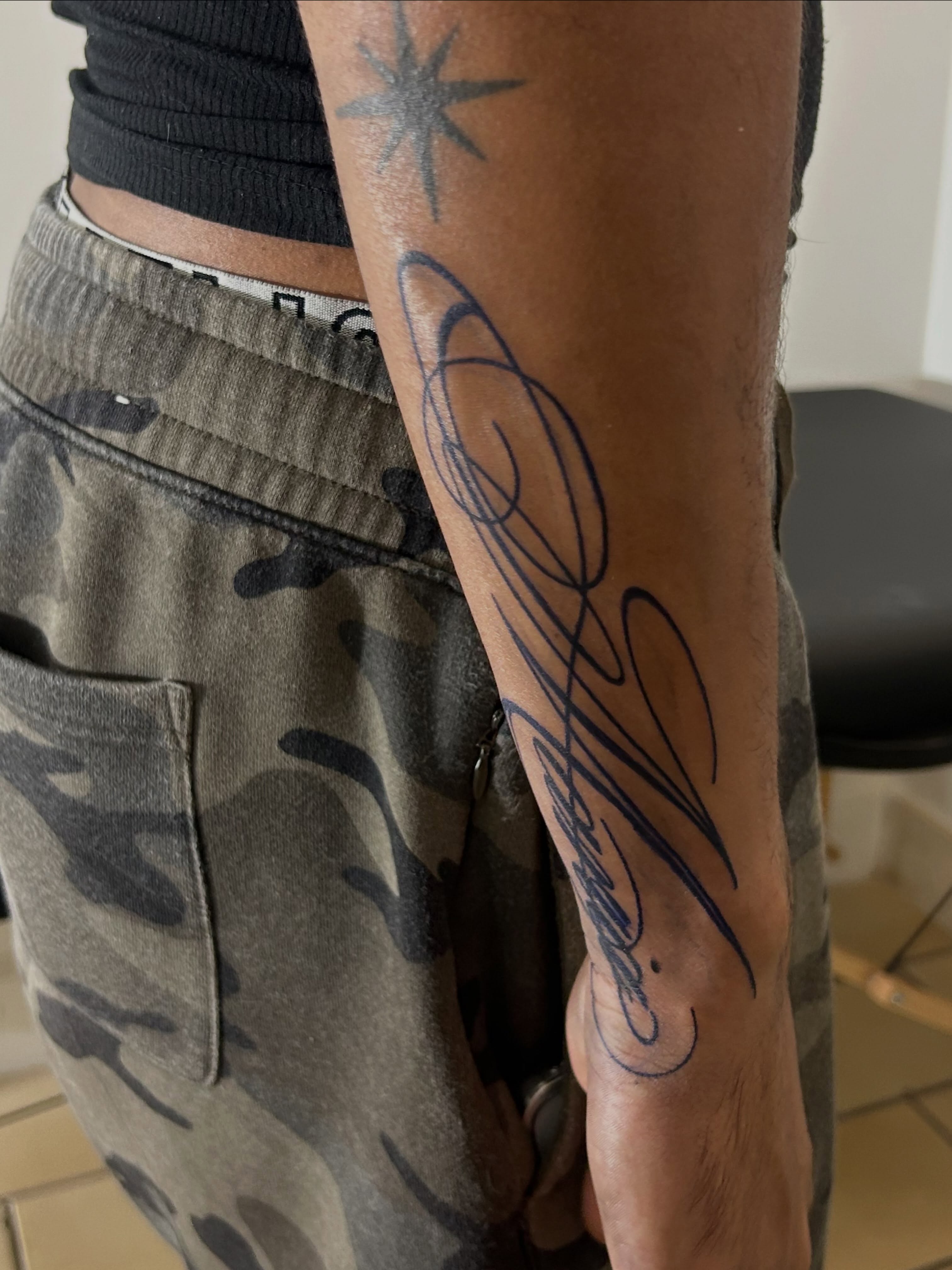 Script lettering lettering script tattoo on the forearm by Miss Moezartt the Multidisciplinary