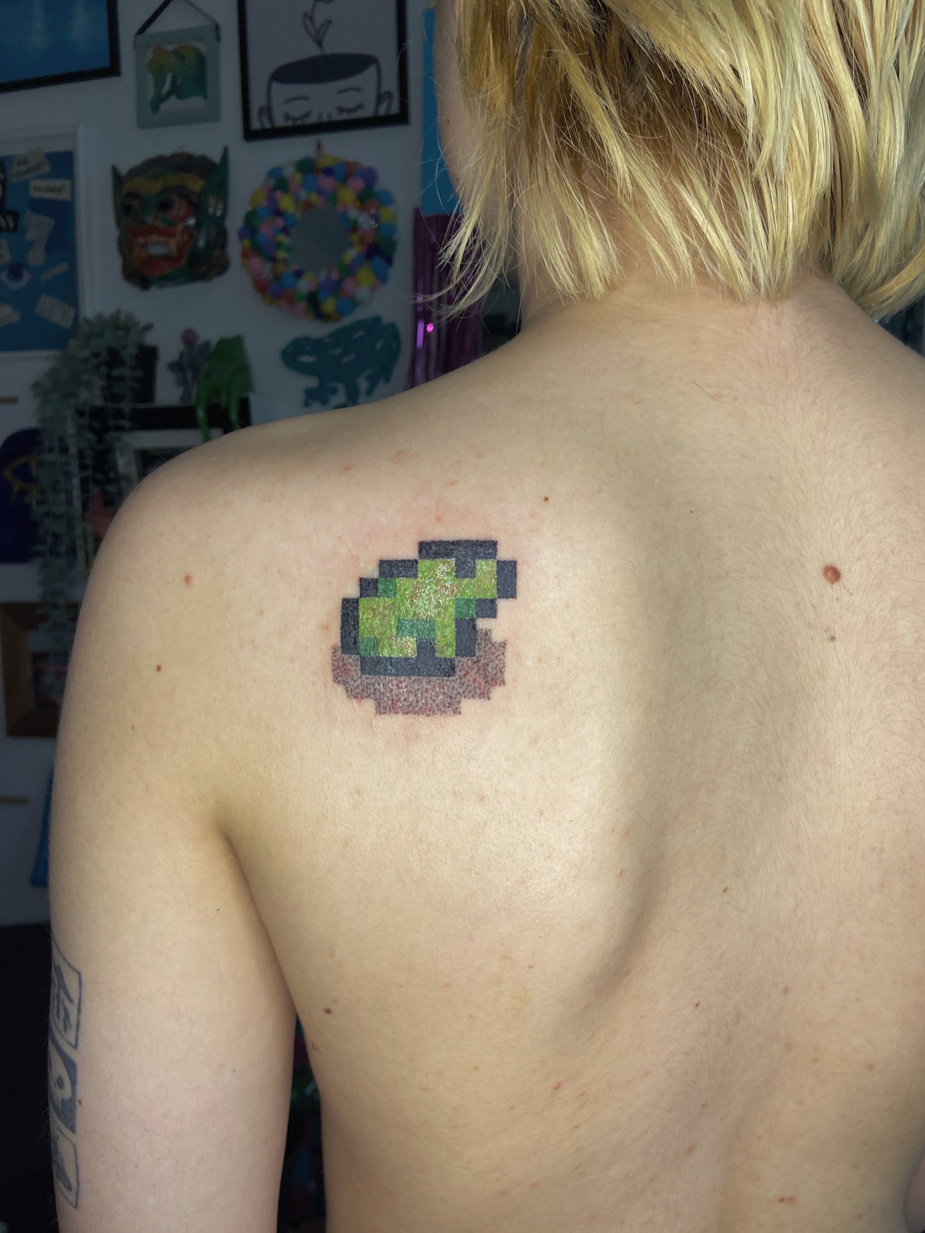 Pixelated frog dotwork tattoo on the back by Kasia ✨jedyny taki handpoke w katowicach✨