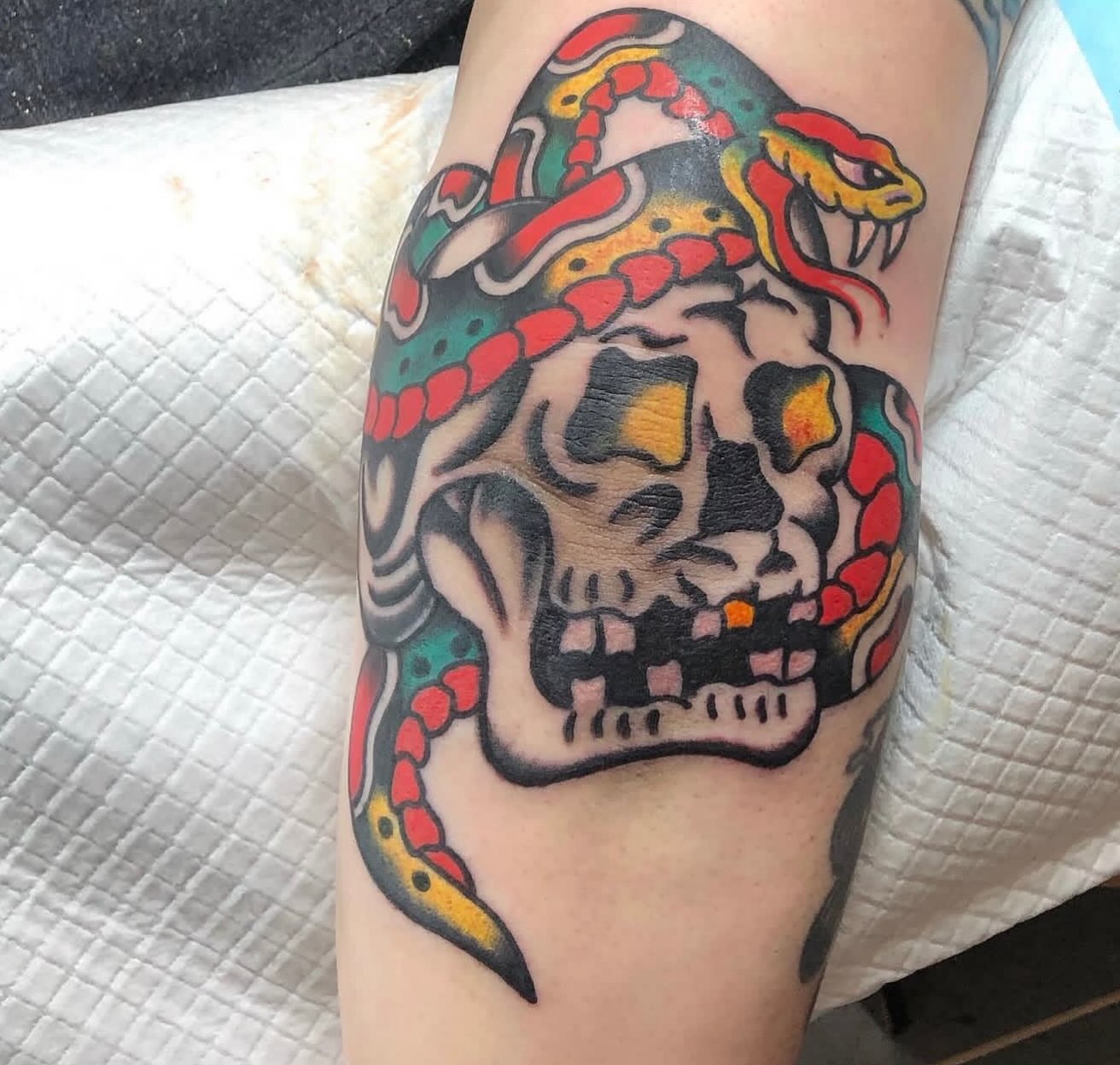 Skull with snake American traditional tattoo on the forearm by dave rash