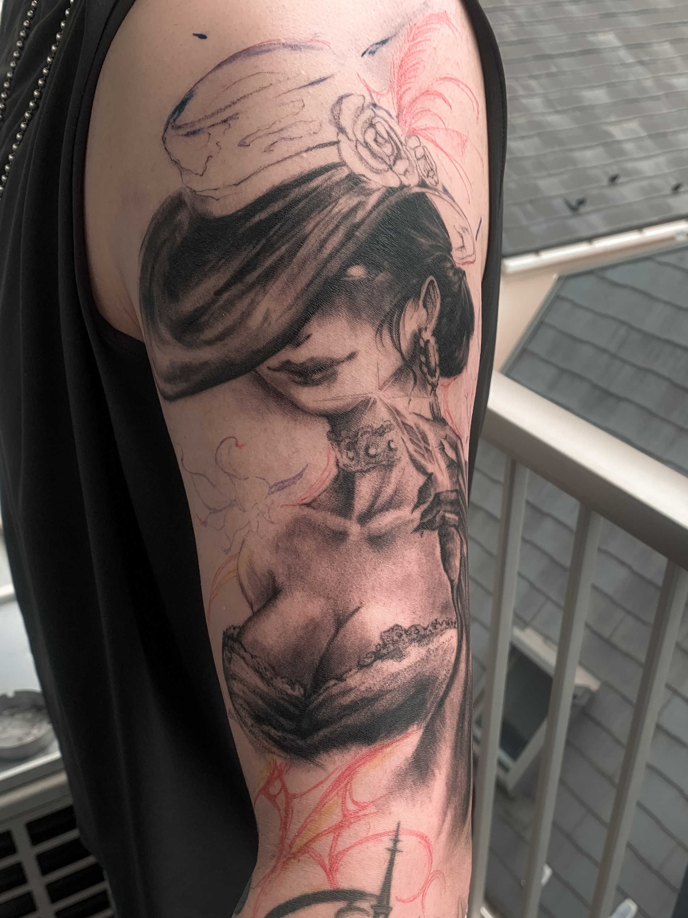 Woman with hat realism tattoo on the forearm by 21 tattooist