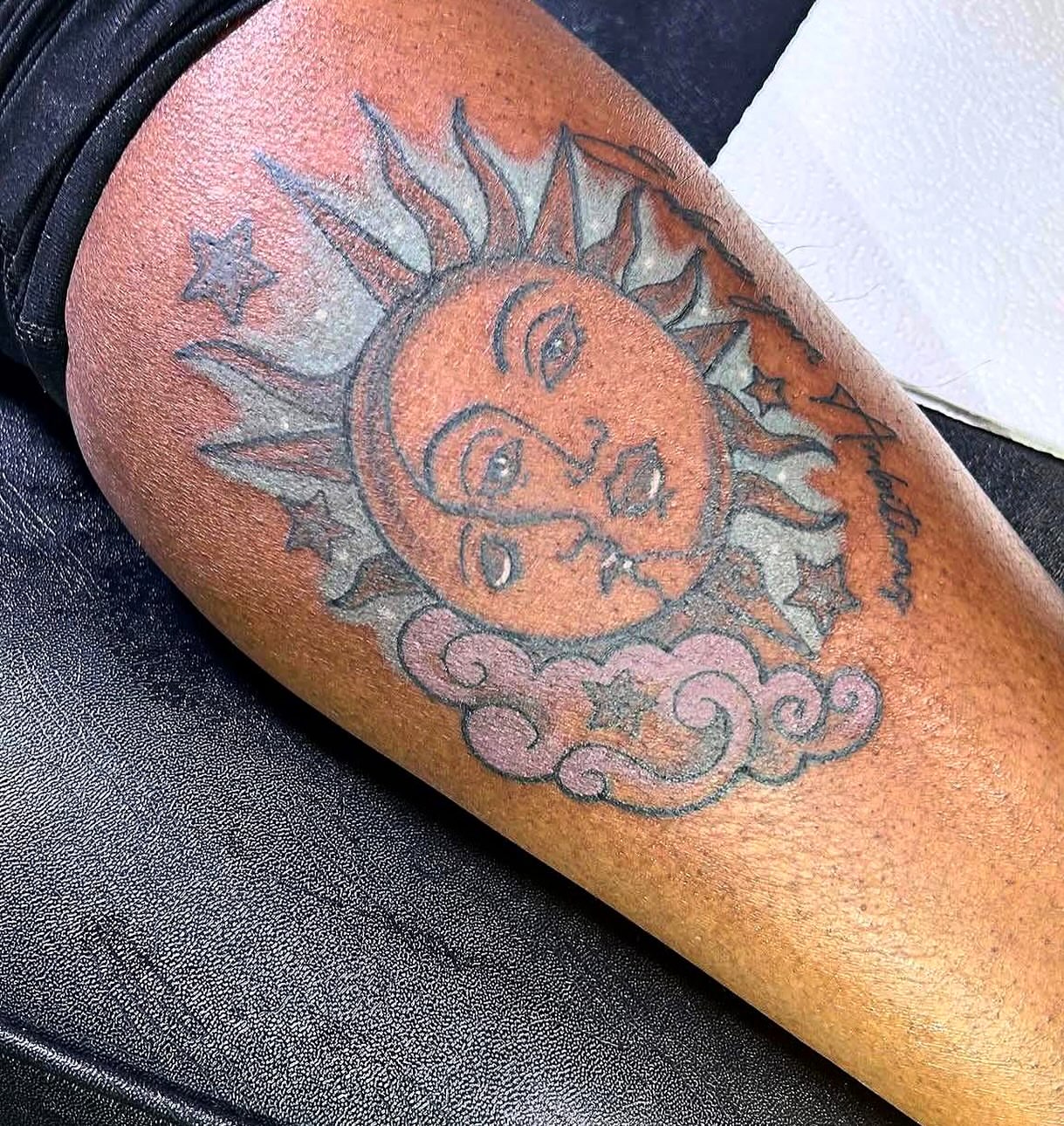 Sun and stars American traditional tattoo on the forearm by 🔥Matt Tatts 313🔥