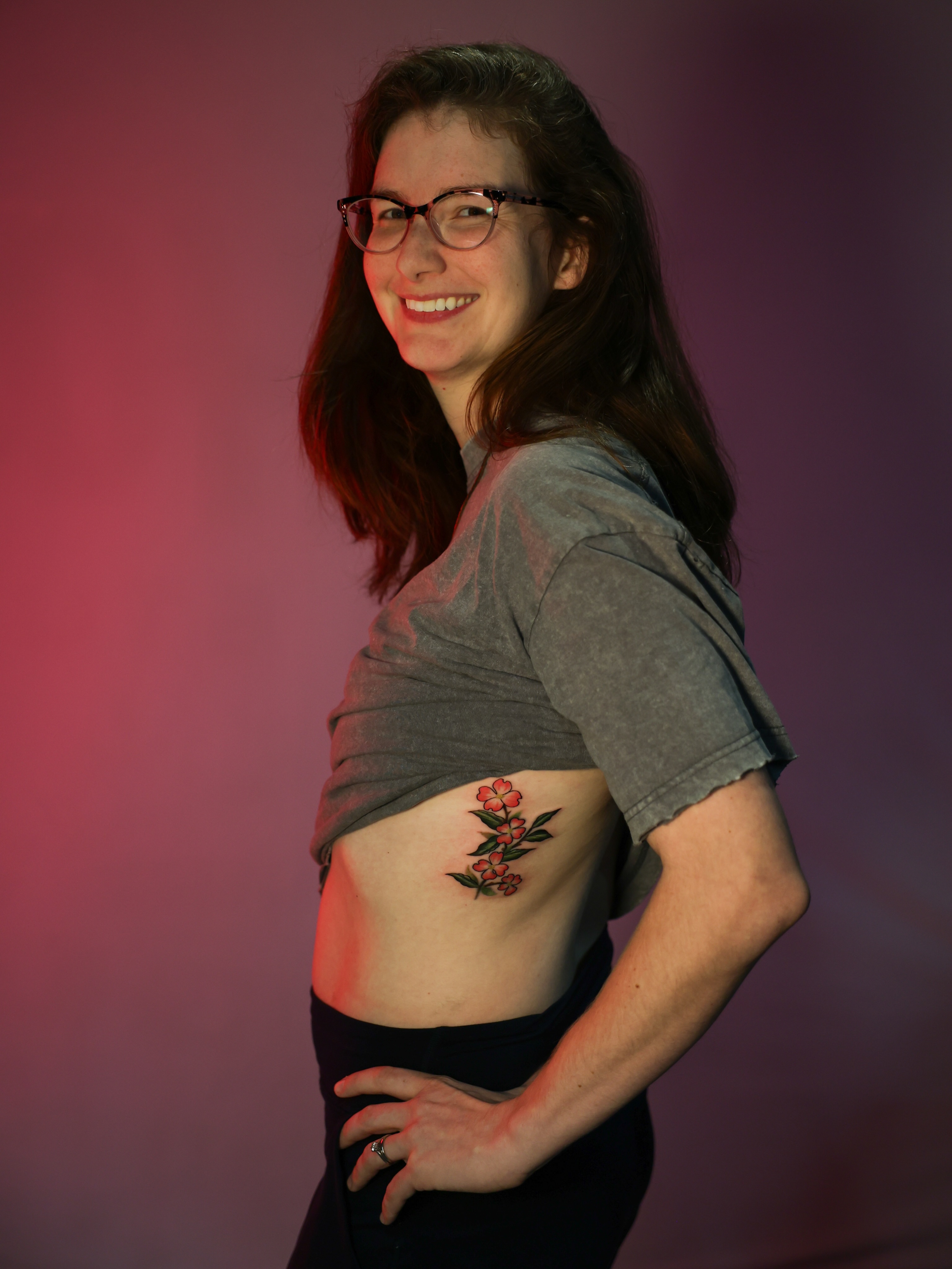 Flowers American traditional tattoo on the ribs by Hannah Burnside, Charlotte, North Carolina