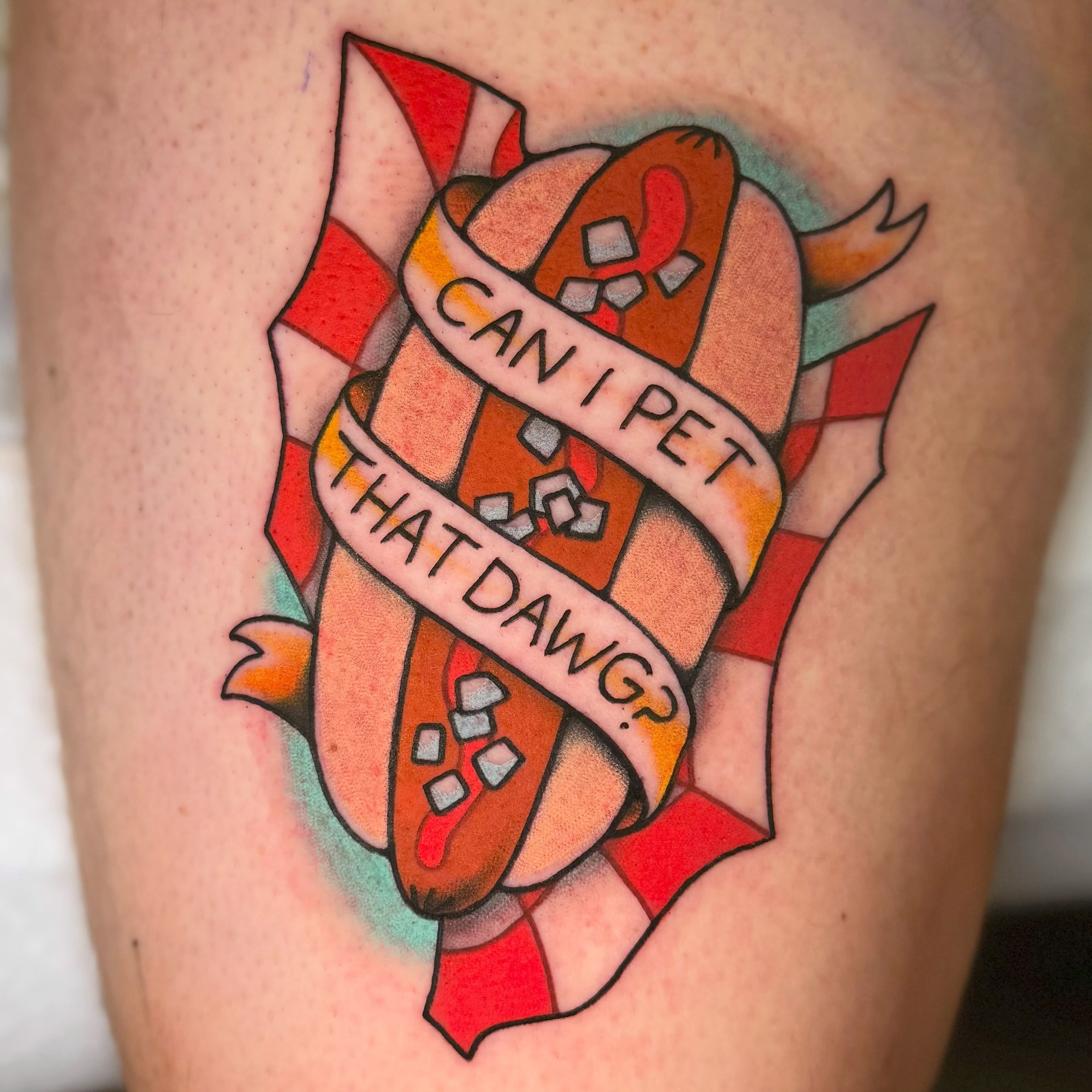 Hot dog American traditional tattoo on the thigh by 🪴Amanda Lugo🪴 Ocala Tattoo Artist