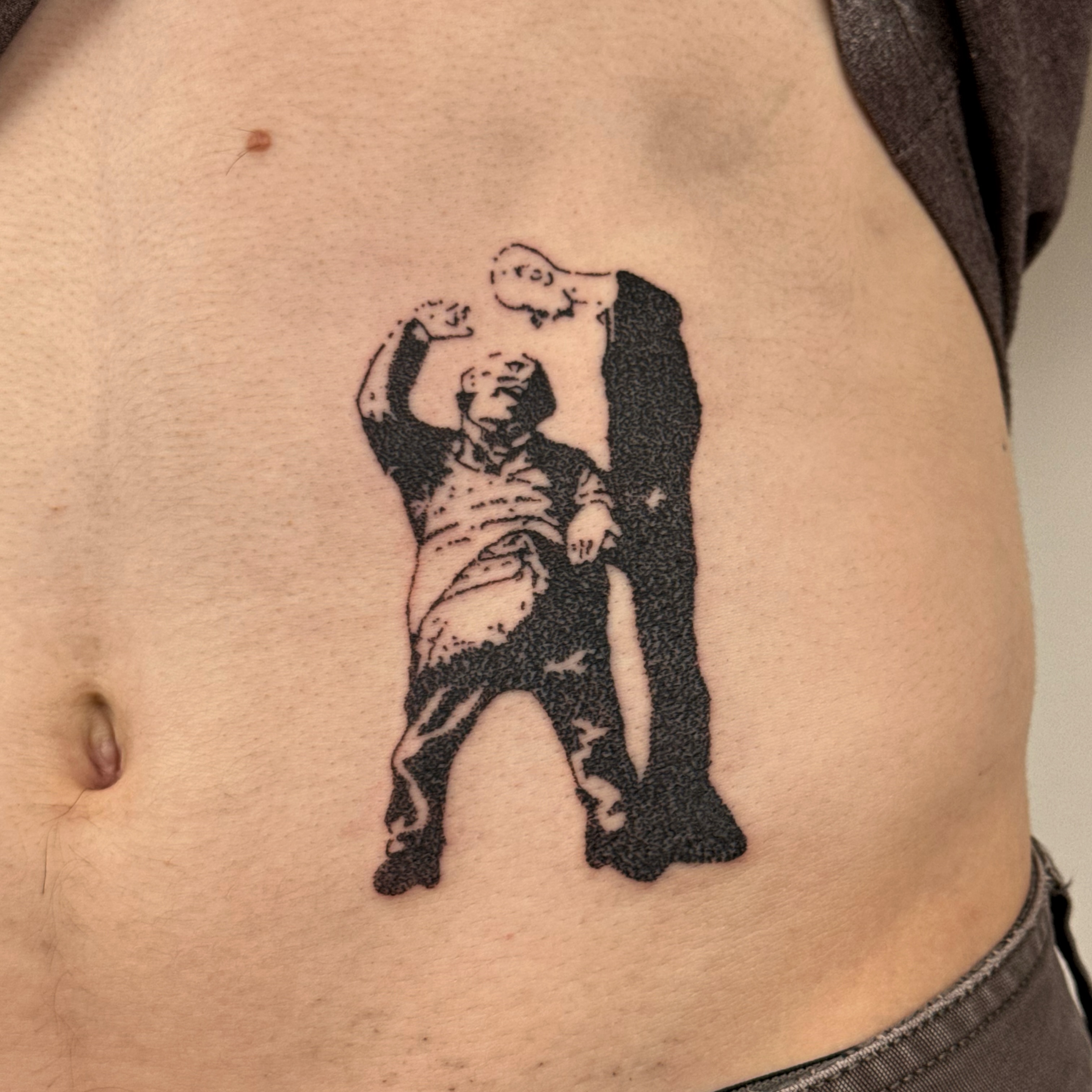 Man dancing dotwork tattoo on the ribs by Joint Killer