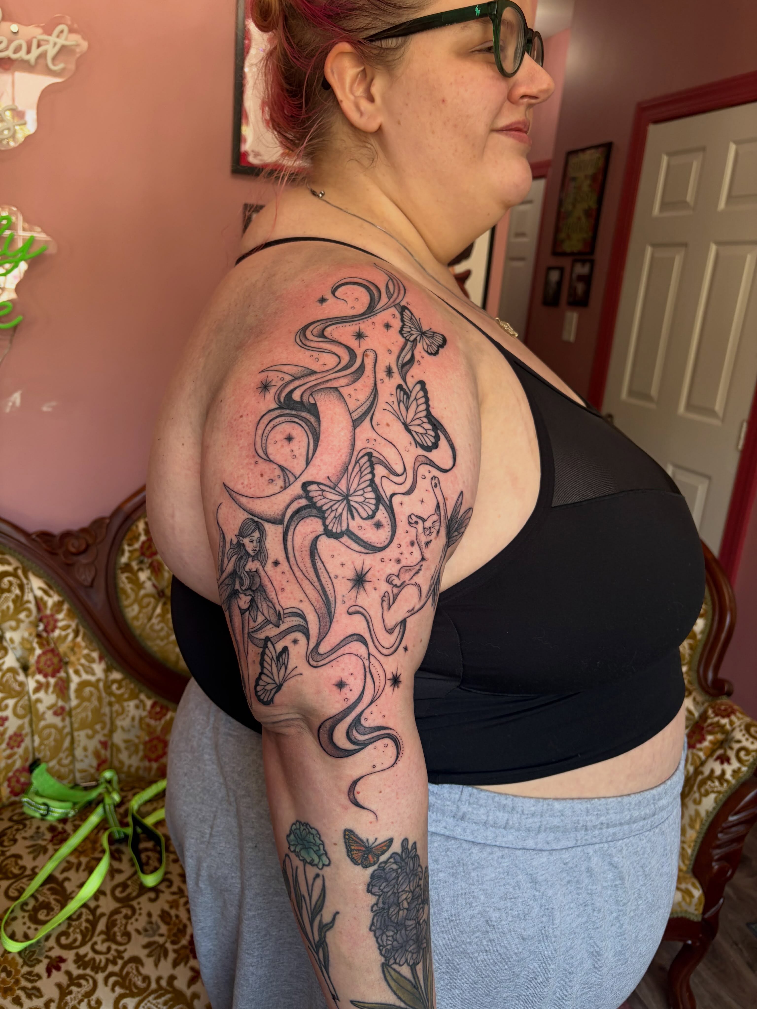 Mermaid and butterflies new school tattoo on the upper arm by Mary Hannah Sosdian
