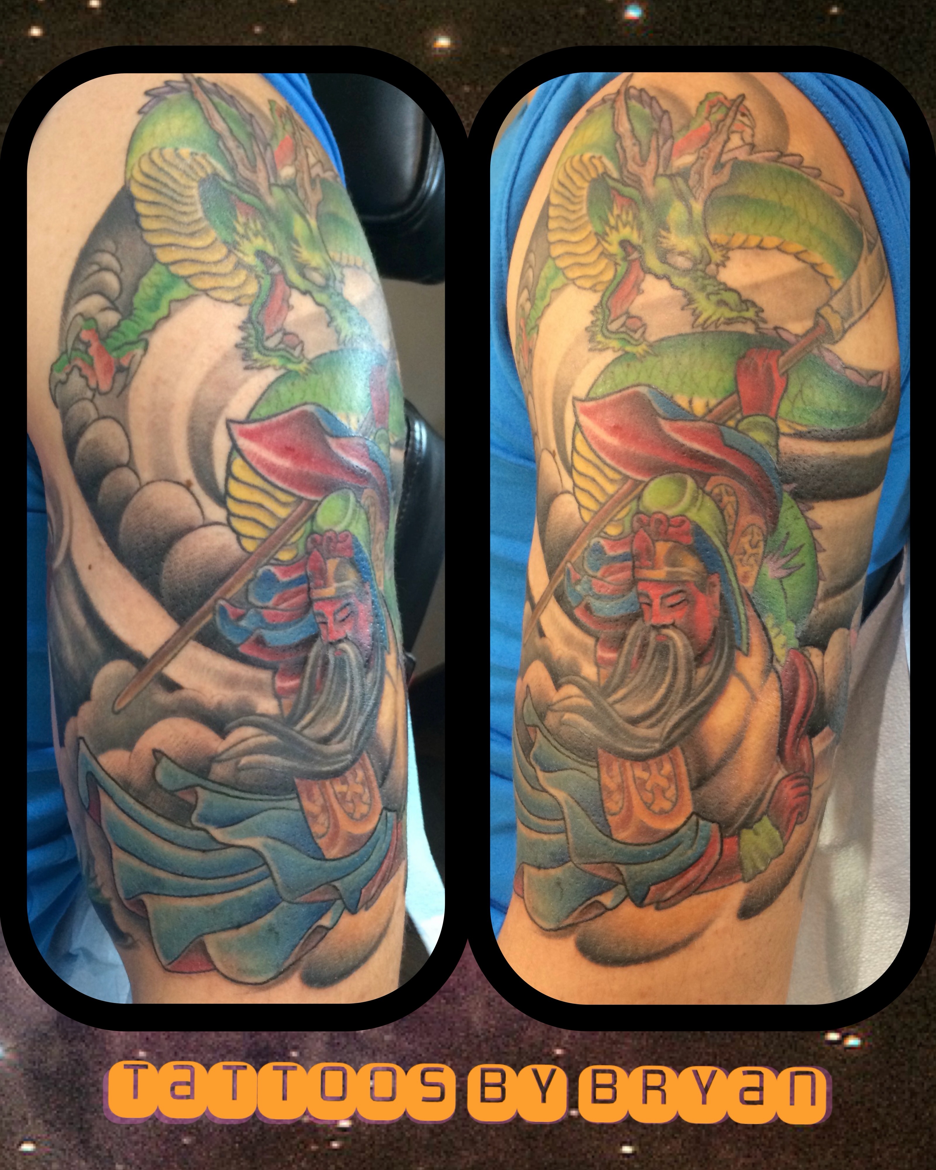 Warrior and dragon japanese irezumi tattoo on the upper arm by Bryan Hunt